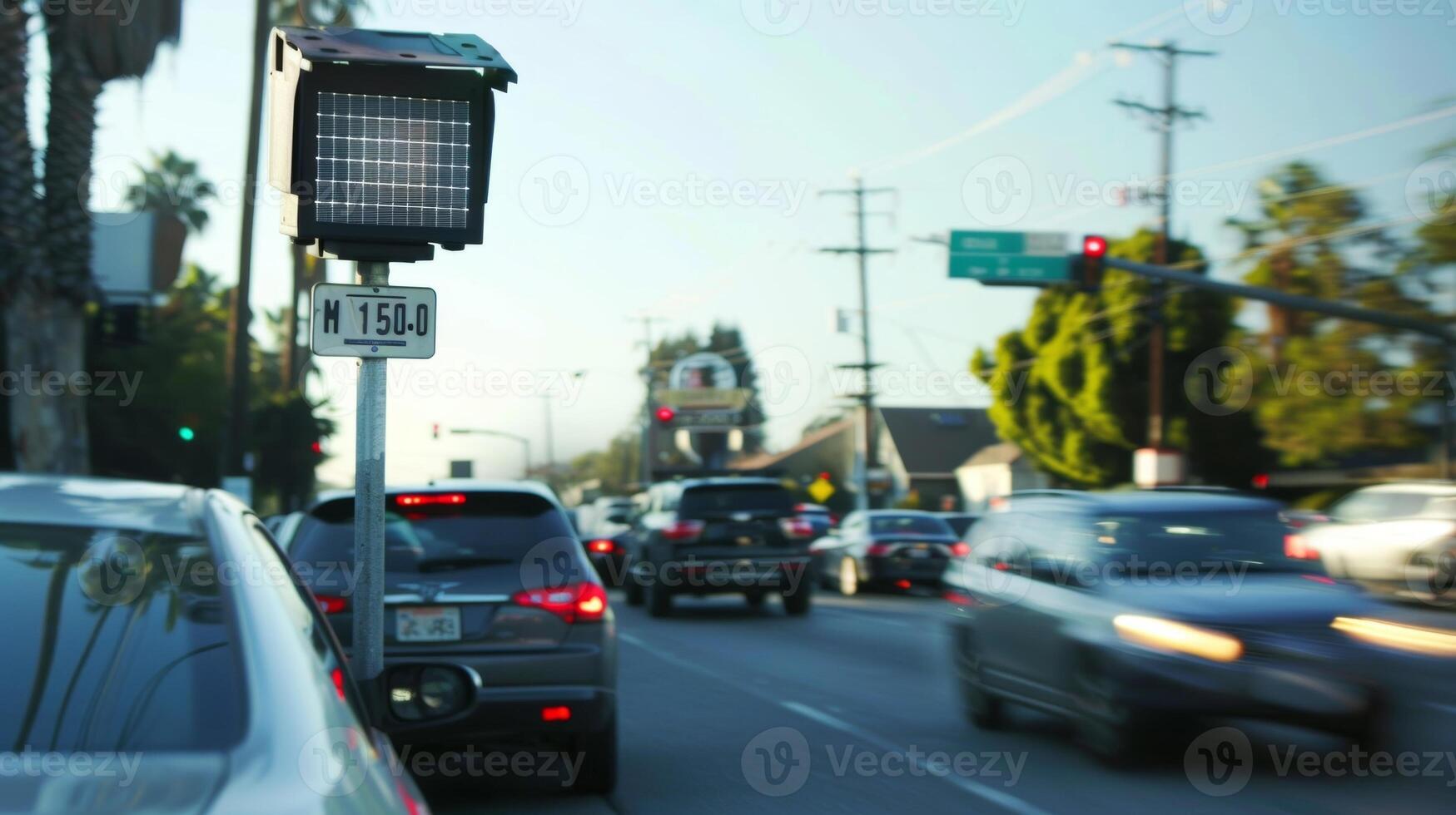 A zoomedin shot of a solar powered security camera captures license plates of cars passing by photo