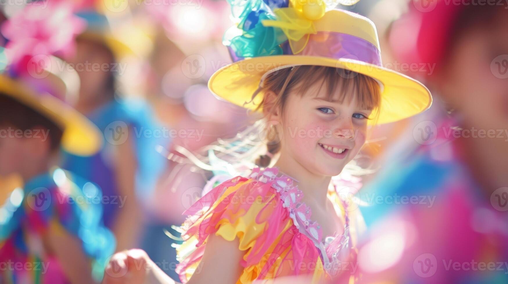 Soft focus on a group of costumed children participating in a parade around the festival photo
