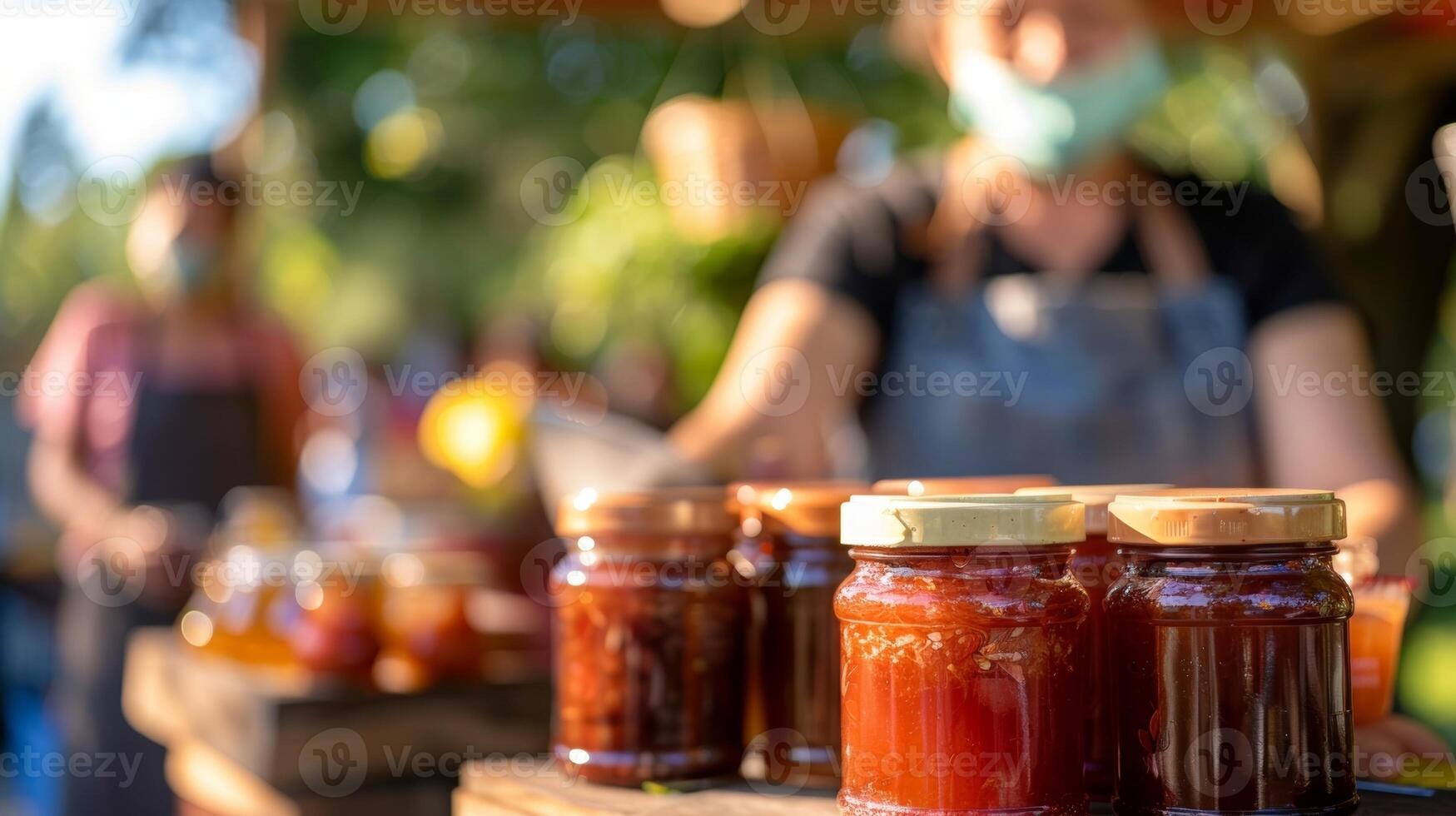 Indistinct view of cheerful vendors offering samples of homemade jams and spreads photo