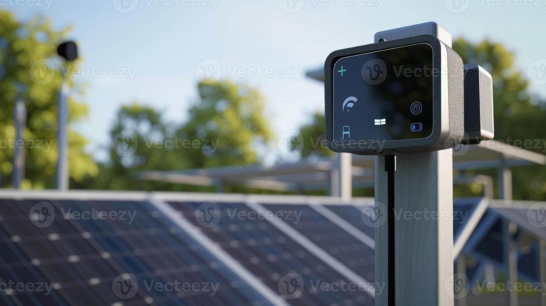 A virtual reality simulation of a solar panel installation including a simulation of the monitoring and regulating device photo
