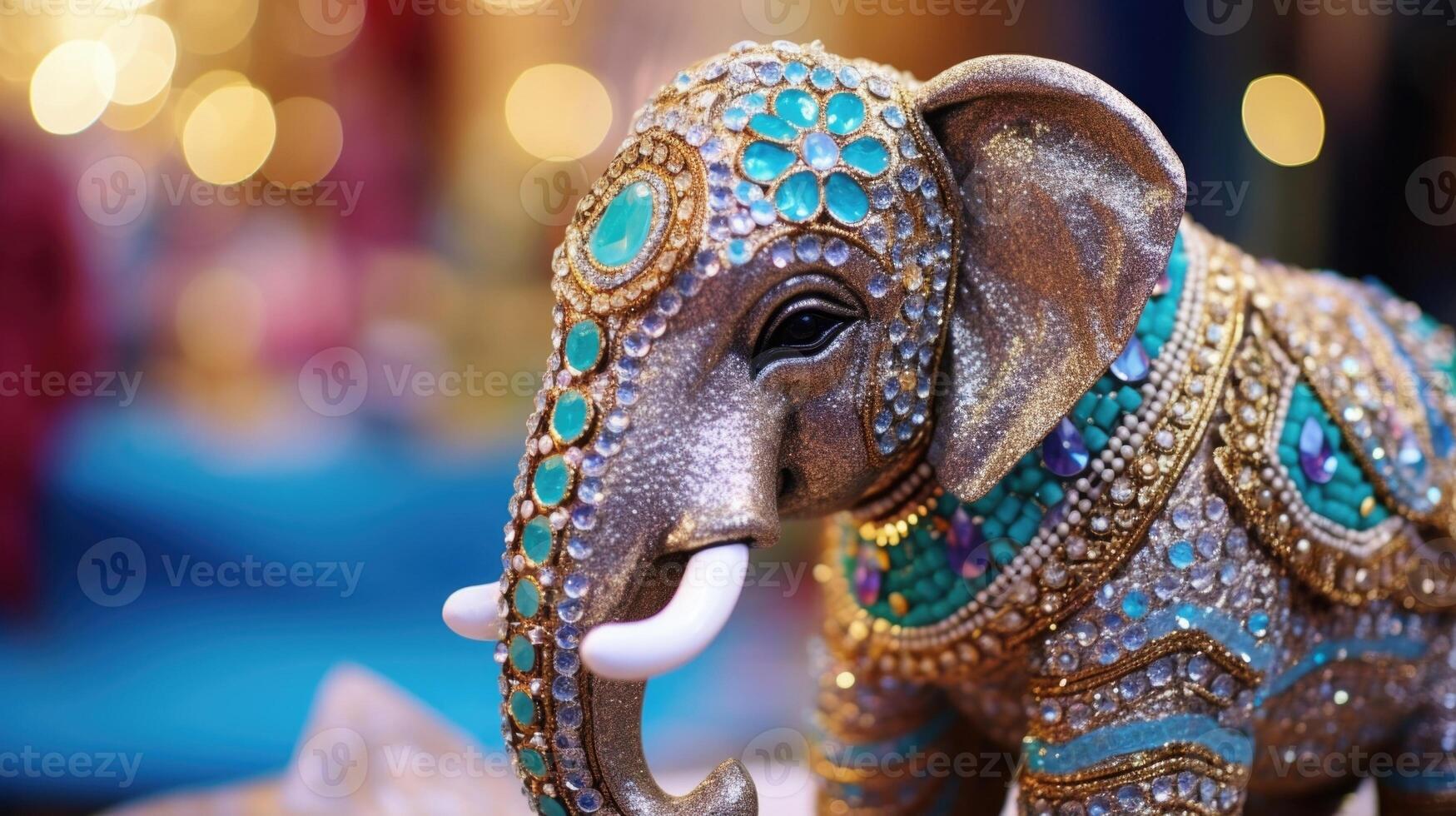 Closeup of a bejeweled elephant statue decorated with ornate patterns at a cultural fair. photo