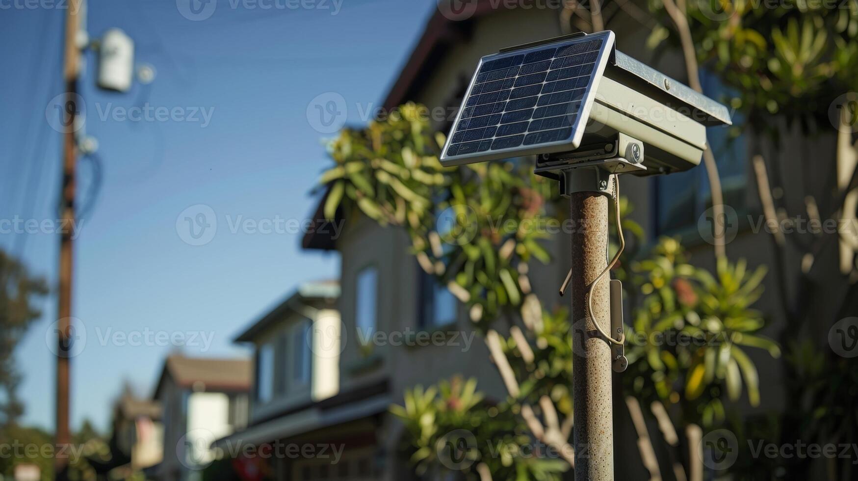 A security camera with a solar panel attached is mounted on a tall sy pole in a residential neighborhood photo