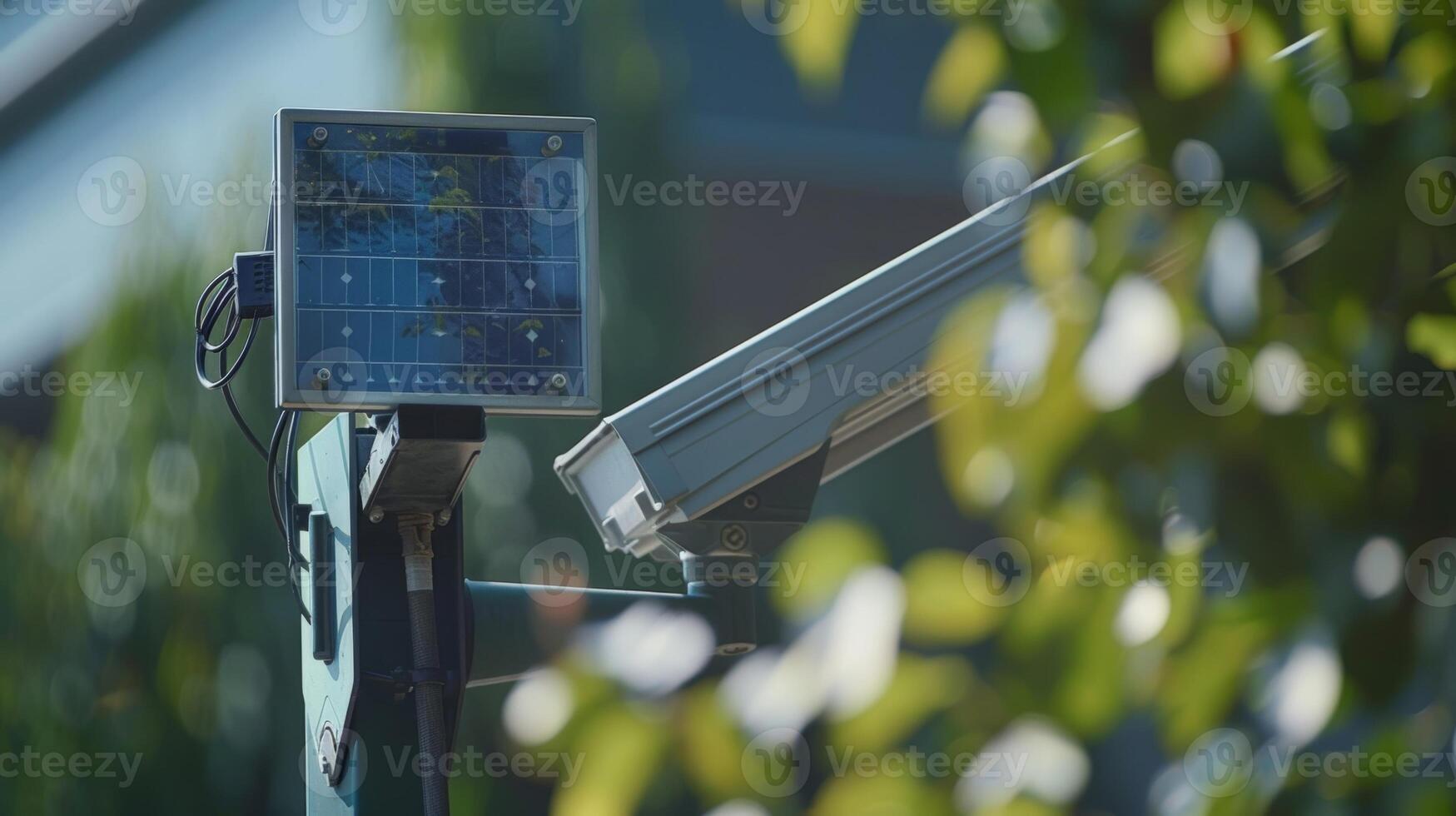 A closeup of a solar panel on a security camera reveals the intricate design allowing for maximum sunlight absorption photo