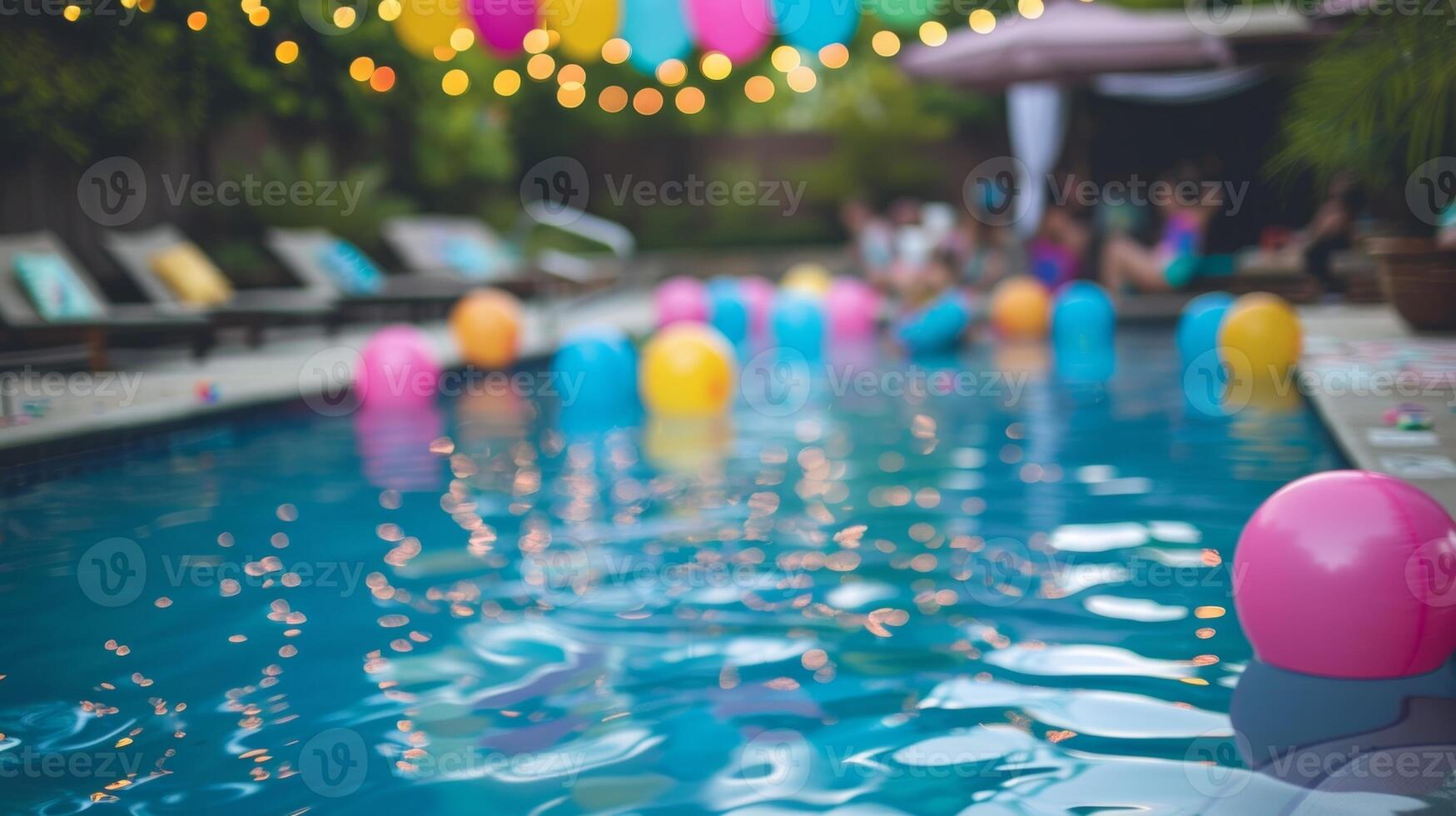 Outoffocus view of a poolside party with vibrant inflatables adding pops of color to the scene photo