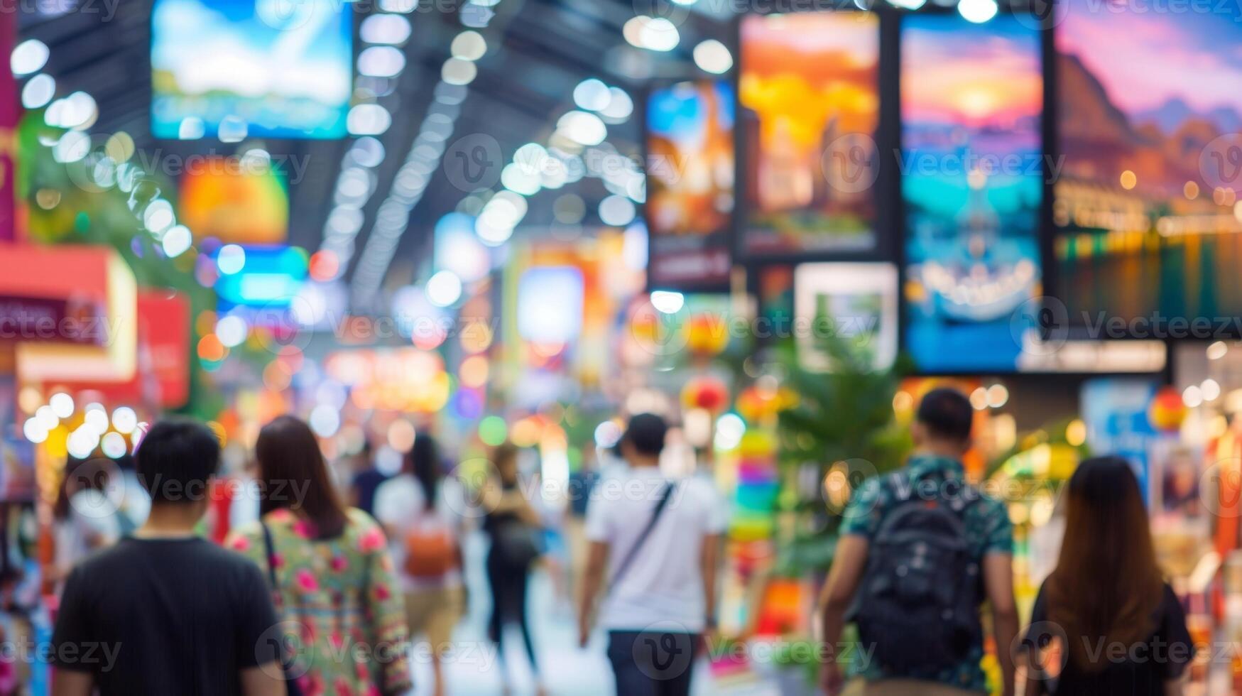 Out of focus image of a travel expo highlighting the colorful displays and booths of various tour companies photo