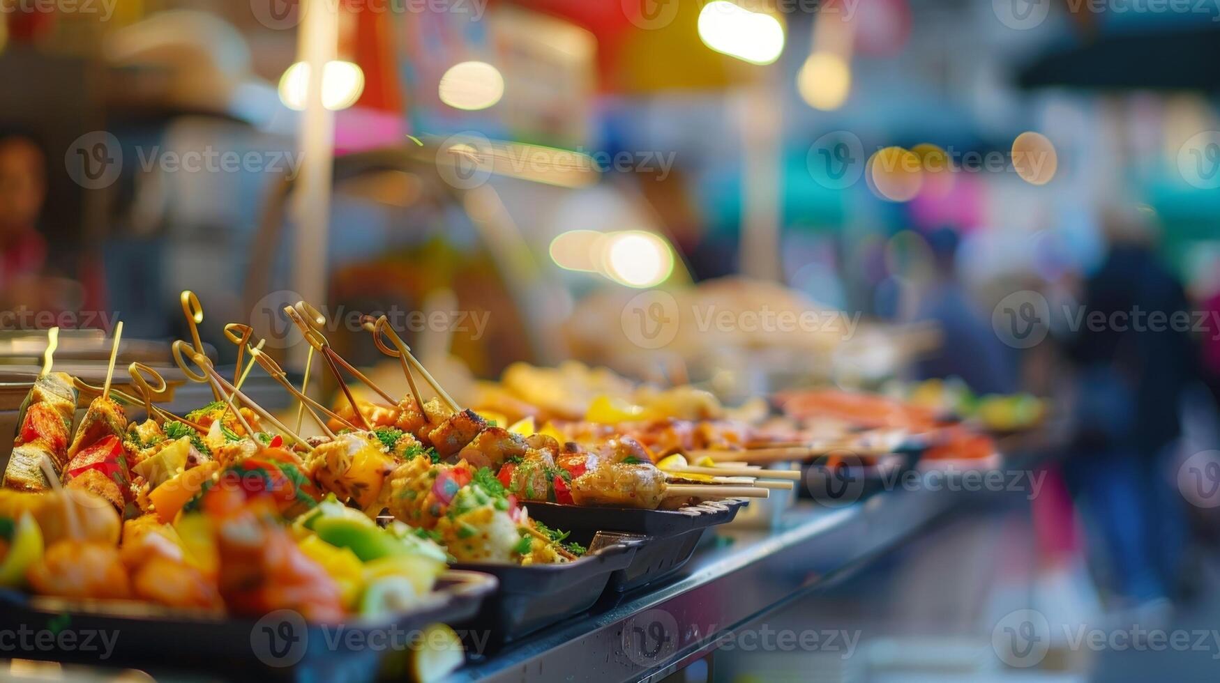 Defocused display of fingerlicking good street food options in every direction photo