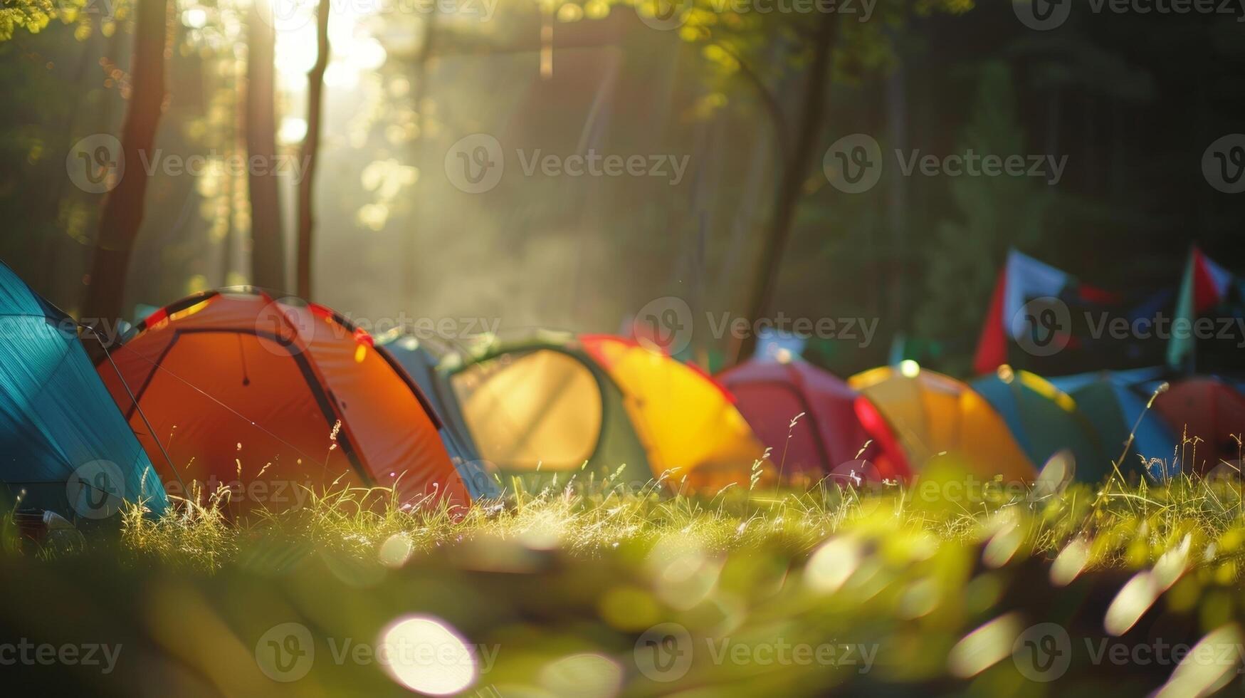 A fuzzy view of campers setting up their colorful tents in the morning light photo