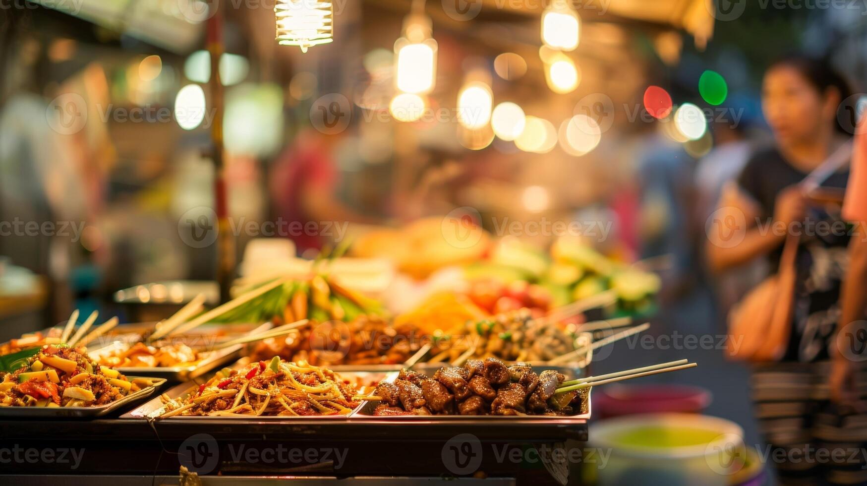 Hazy outlines of bustling vendors selling sctious street food delicacies photo