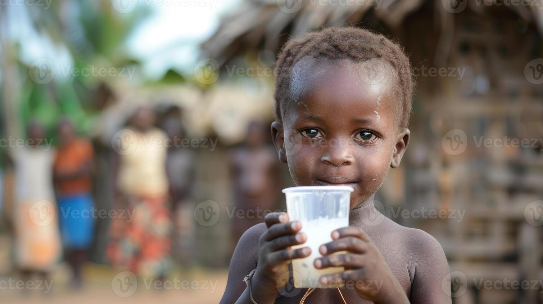 A young child holding a cup of clean filtered water thanks to a solarpowered water filtration system in their village photo
