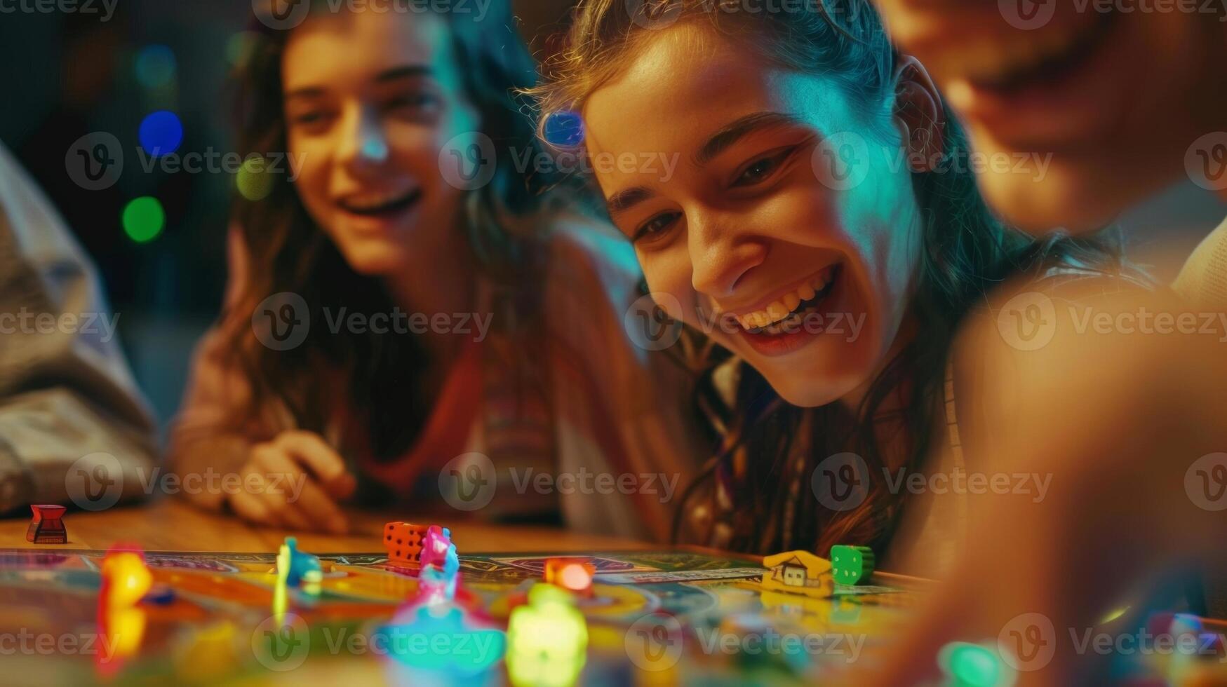 Blurry glimpses of players facial expressions ranging from intense focus to joyful celebration as they play their favorite board games photo
