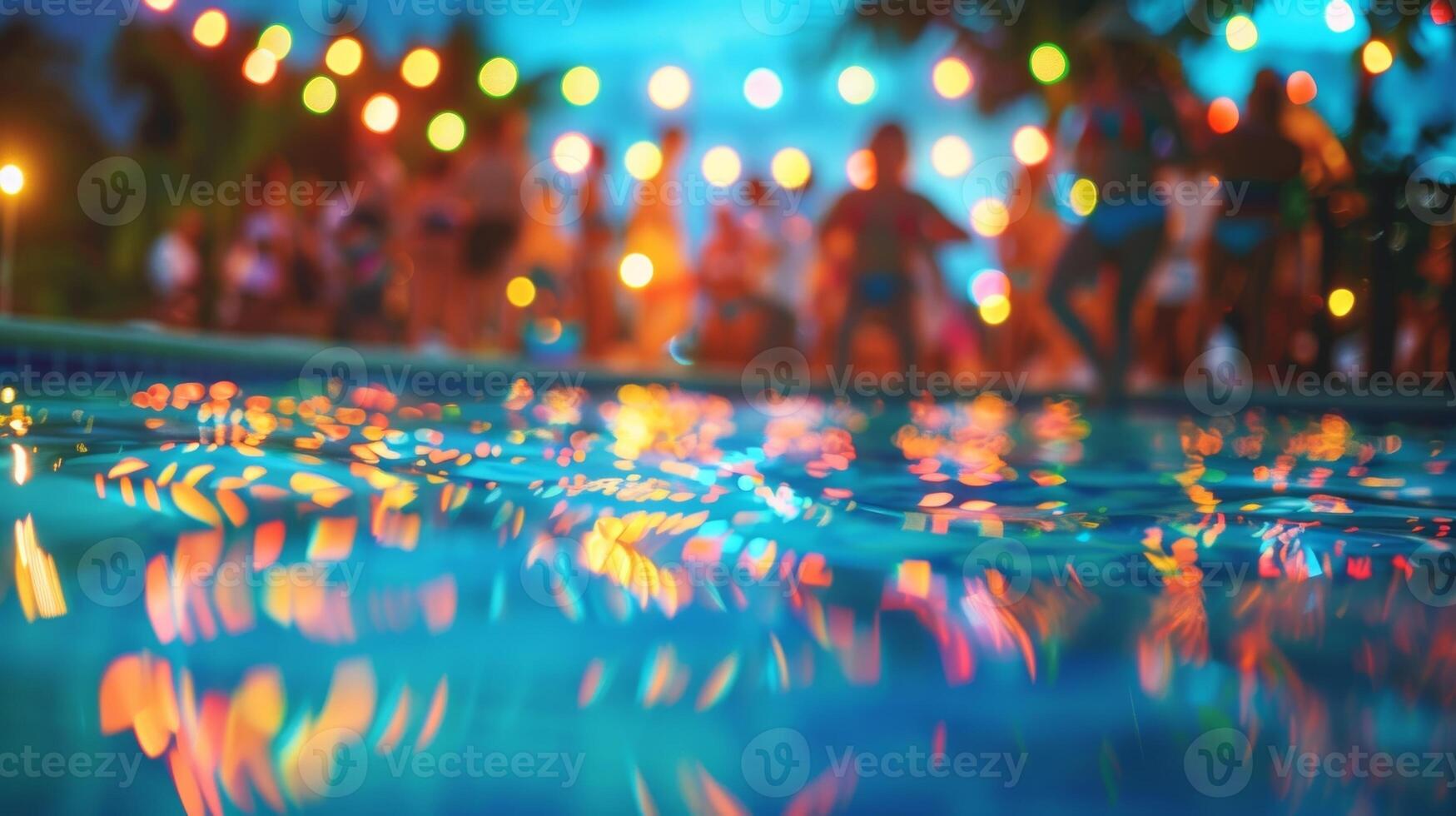 Hazy shot of a lively poolside celebration with blurred movements and bright colors all around photo