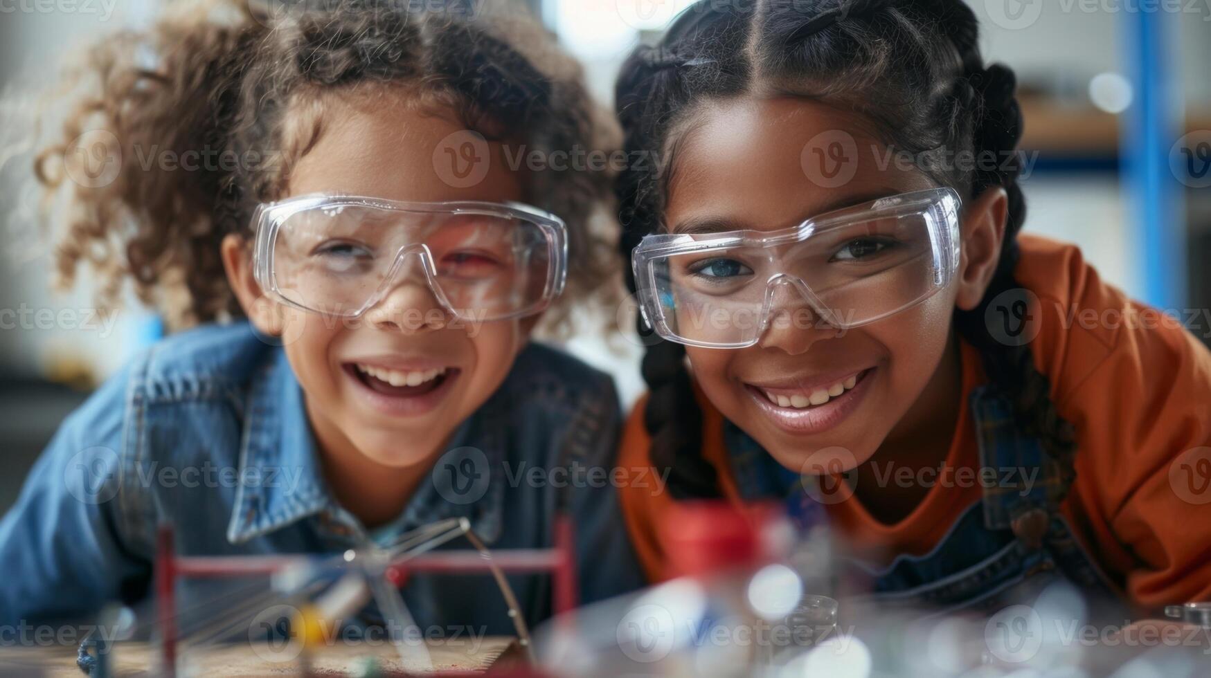 Two young children wearing safety glasses as they excitedly work on a handson solar energy project during an educational program photo