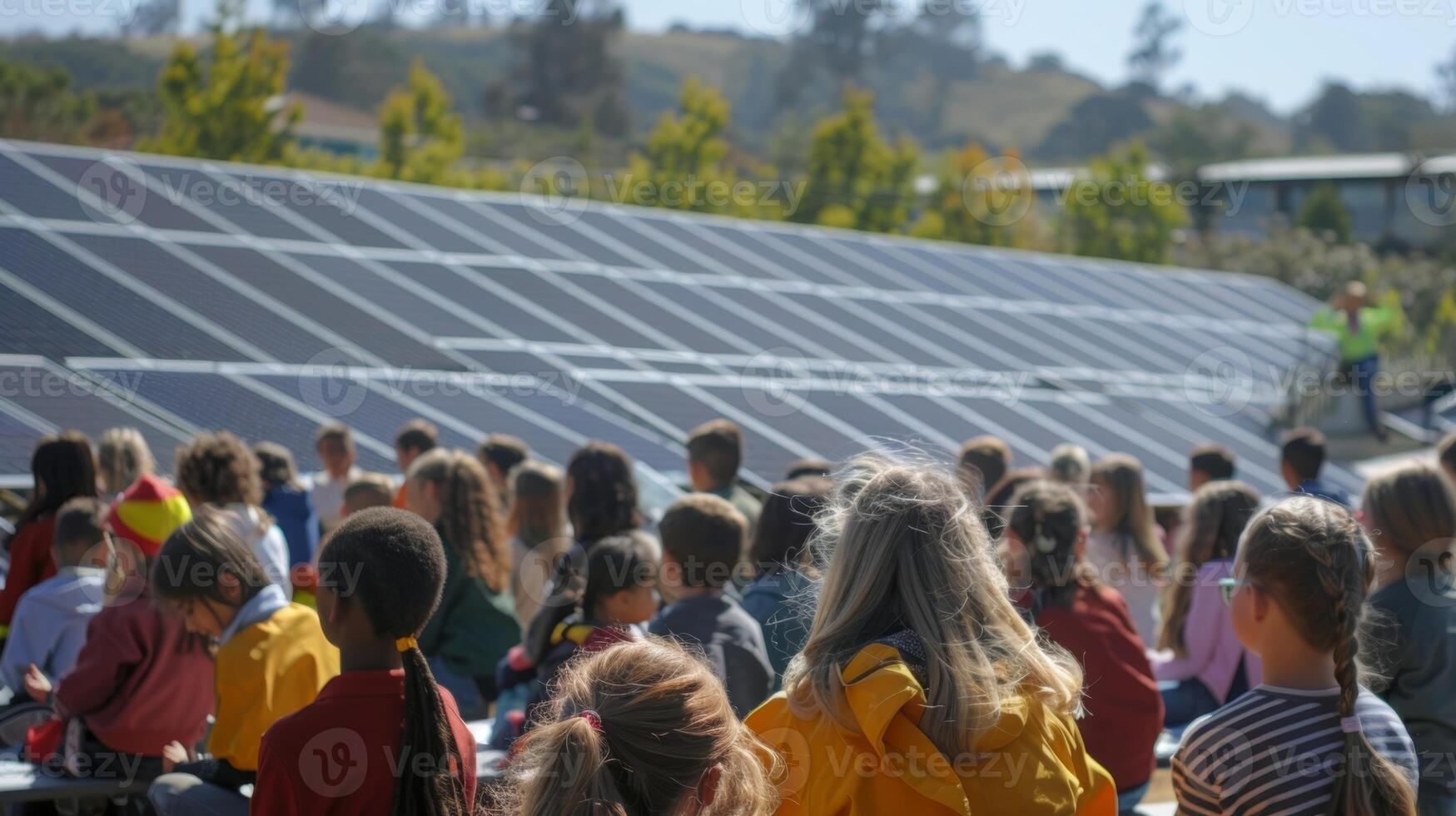 A school assembly where a guest speaker educates students on the importance of renewable energy and how their school is leading the way with solar panels photo