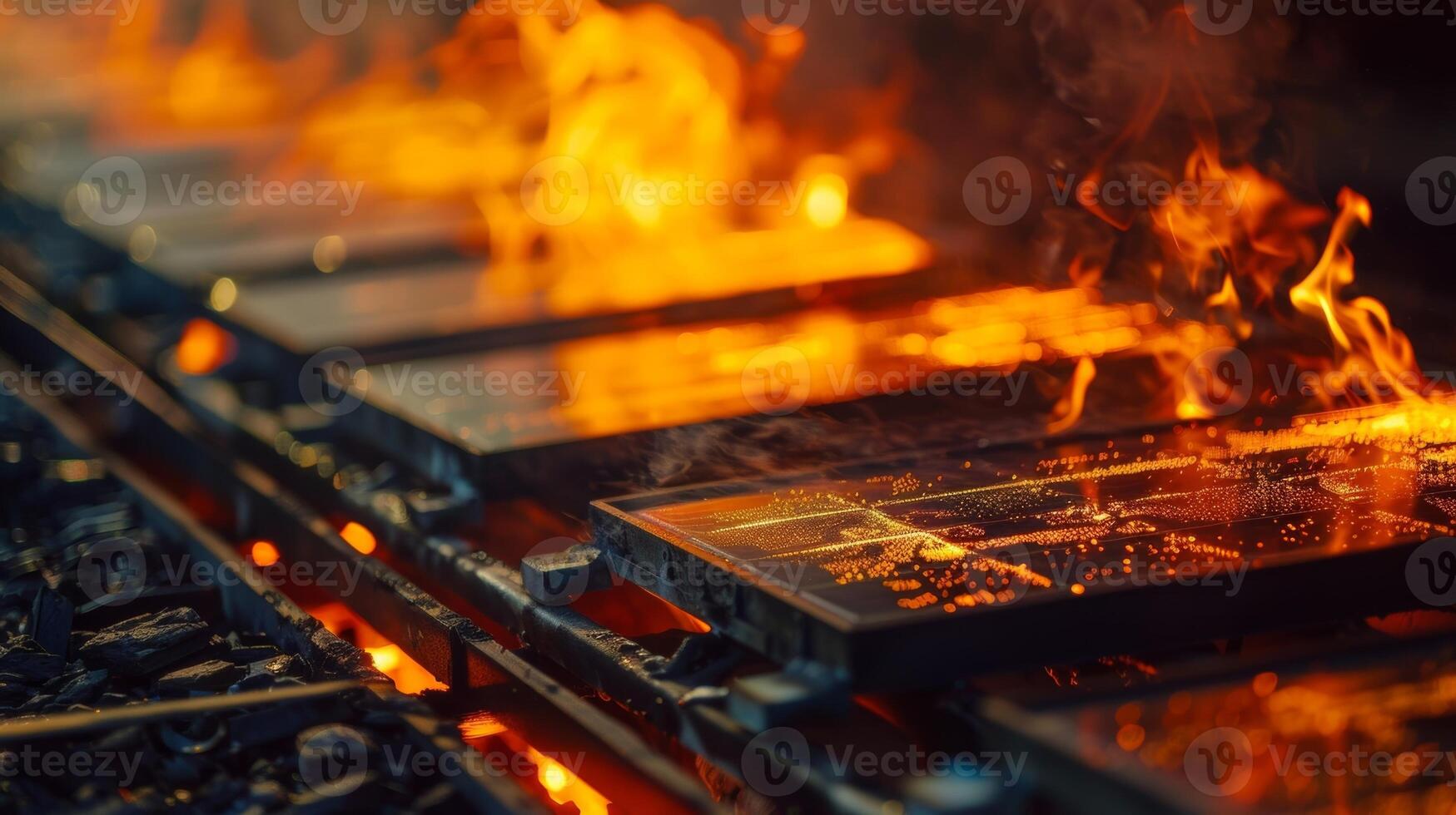 A smelting furnace melts down old solar panels extracting valuable materials for reuse photo