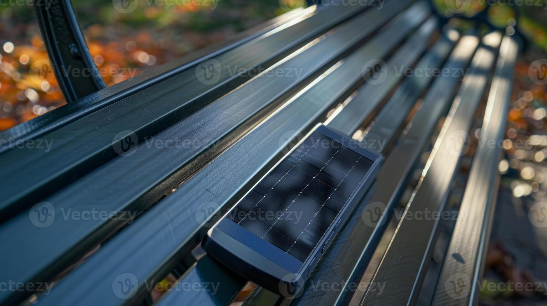 A closeup of a benchs armrest showing the discreet and functional solar charger photo