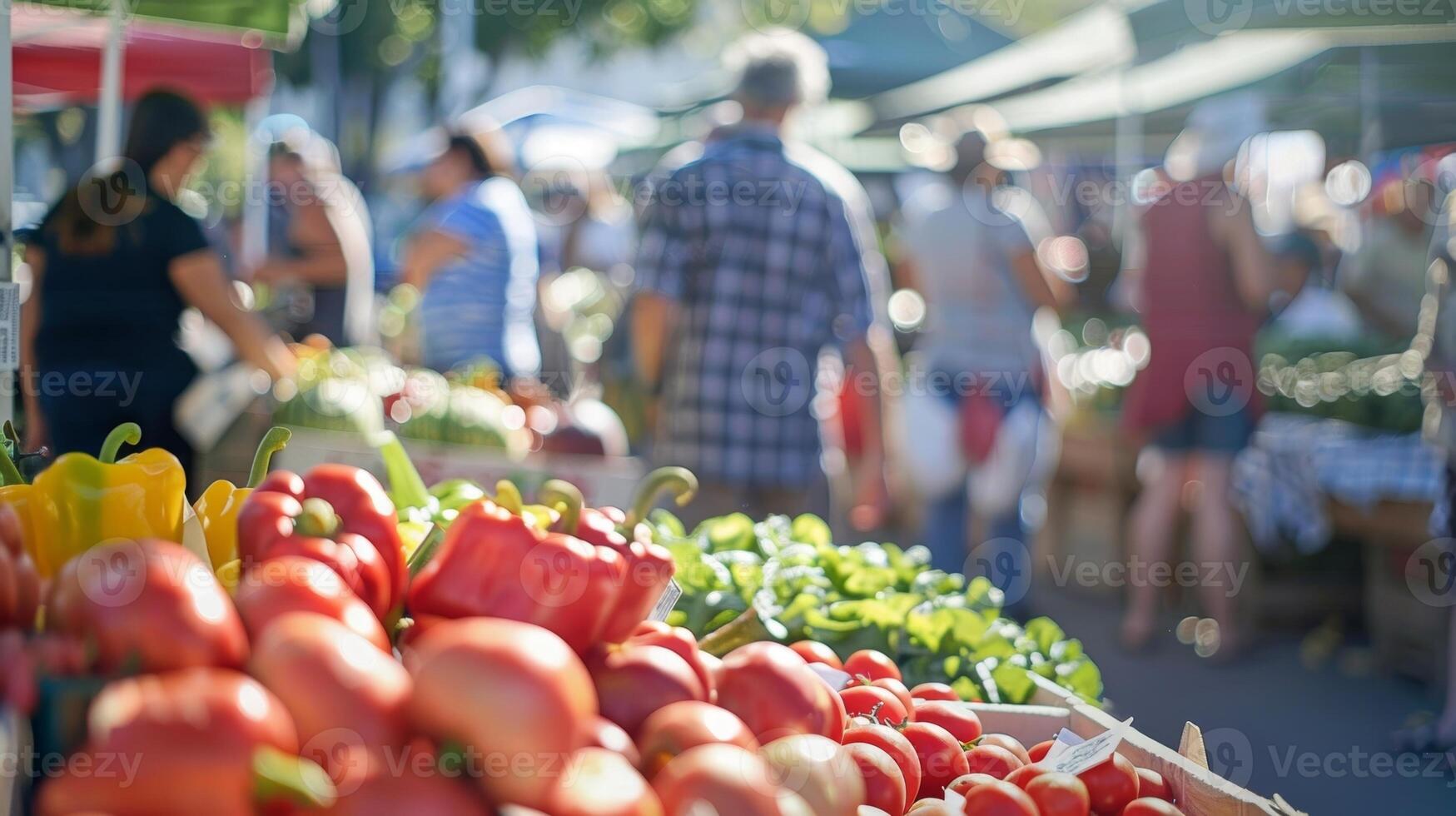 Hazy view of shoppers and vendors interacting in a lively atmosphere at an urban farmers market photo