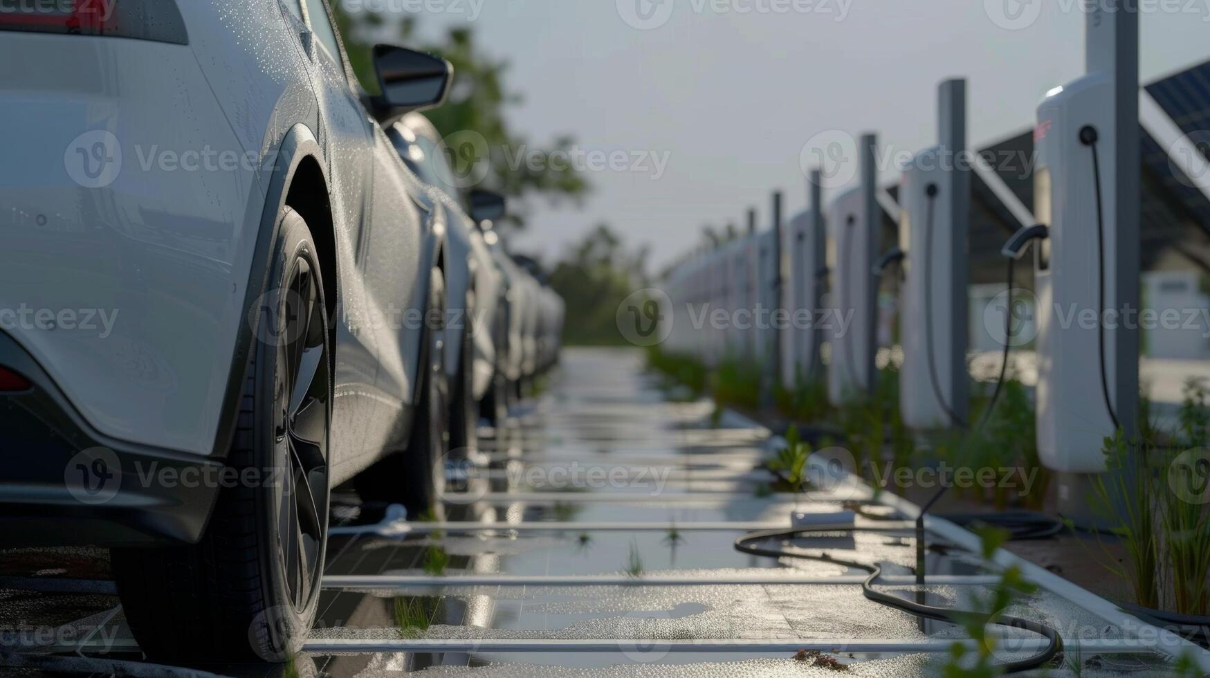 A line of electric vehicles charging up in a designated area powered by the solar panels promoting clean transportation photo