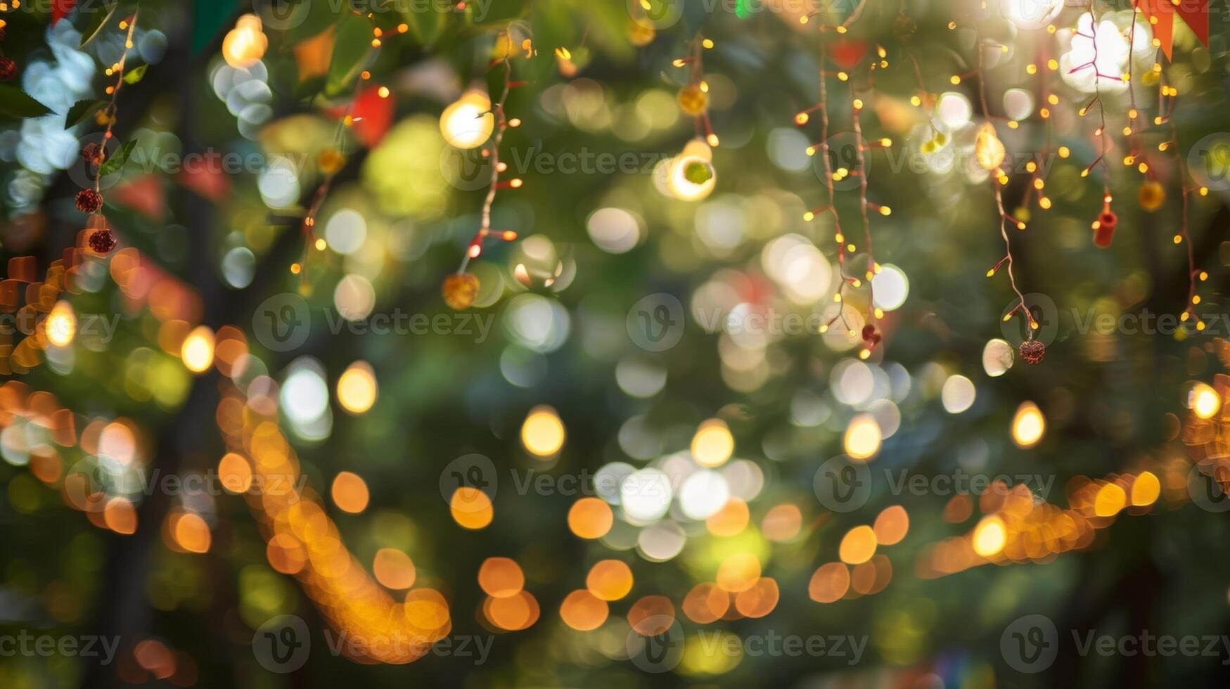 Defocused banners hang above a canopy of trees hinting at the events location photo
