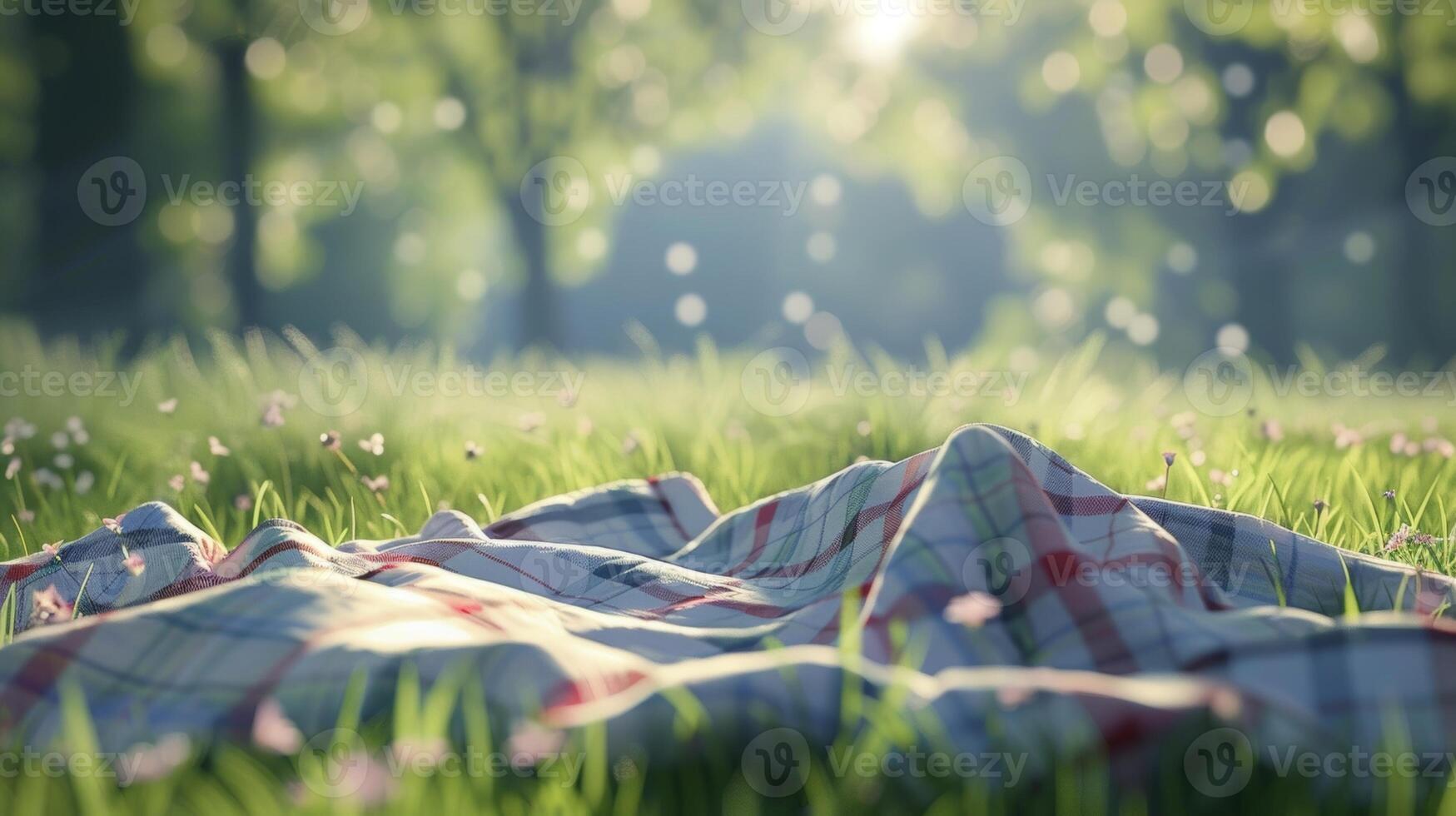 Hazy picnic blankets spread out in a sea of grass while distant music fills the air photo
