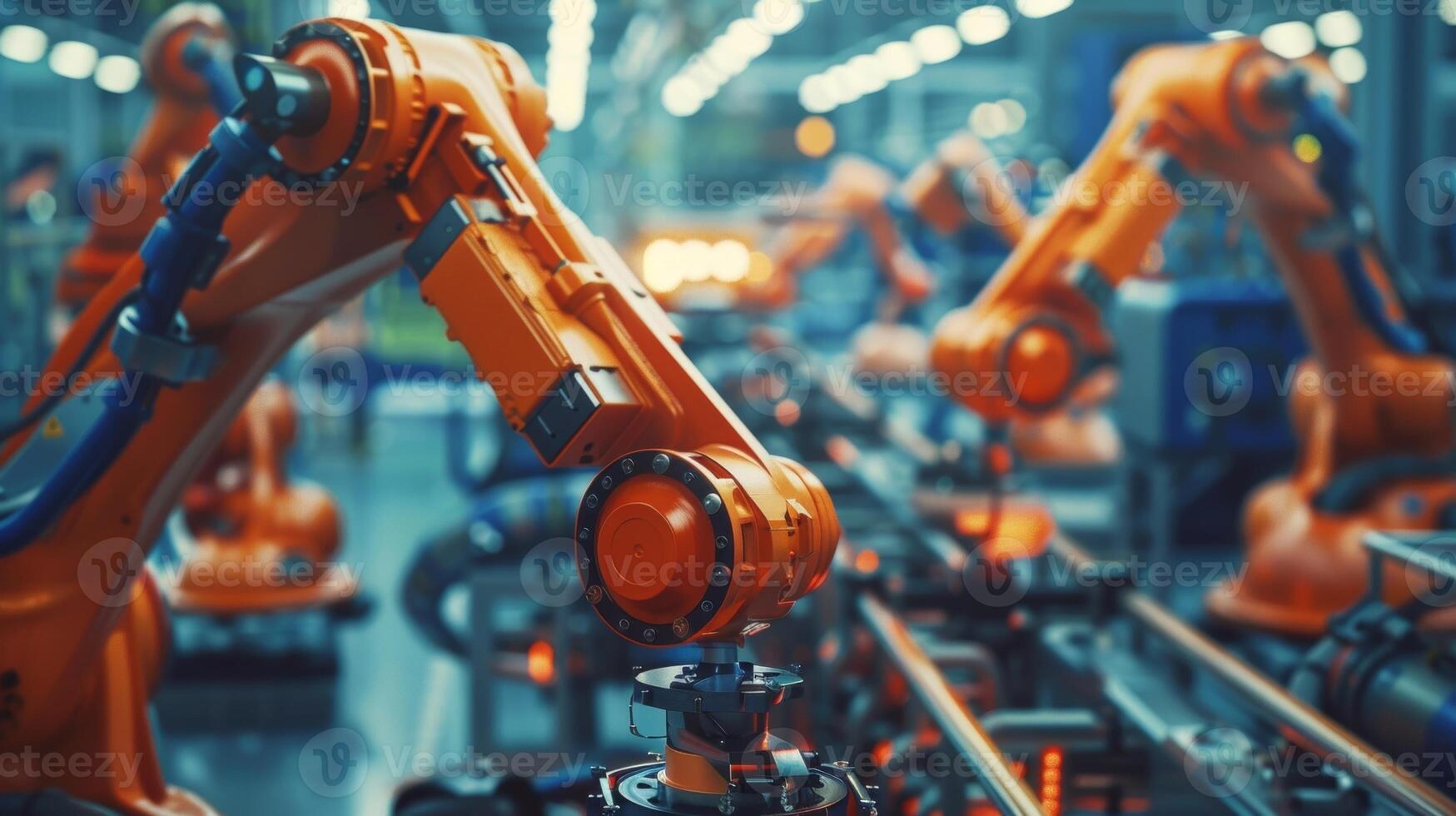 Hightech robotic arms are seen moving around the factory performing tasks with incredible speed and precision photo