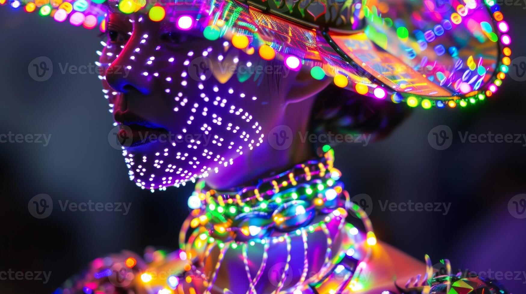 A wearable piece of art such as a necklace or hat adorned with small solar panels that power glowing LED lights and make the wearer stand out in a crowd photo