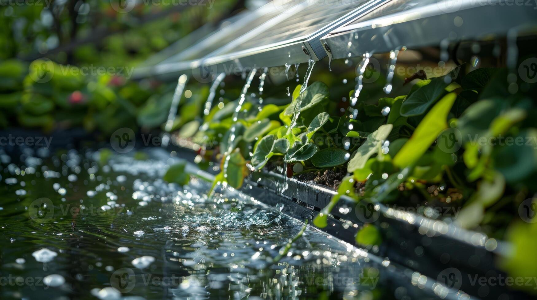 A rooftop rainwater harvesting system directing water into a reservoir that can also be powered by solar energy for additional water supply for the greenhouse photo