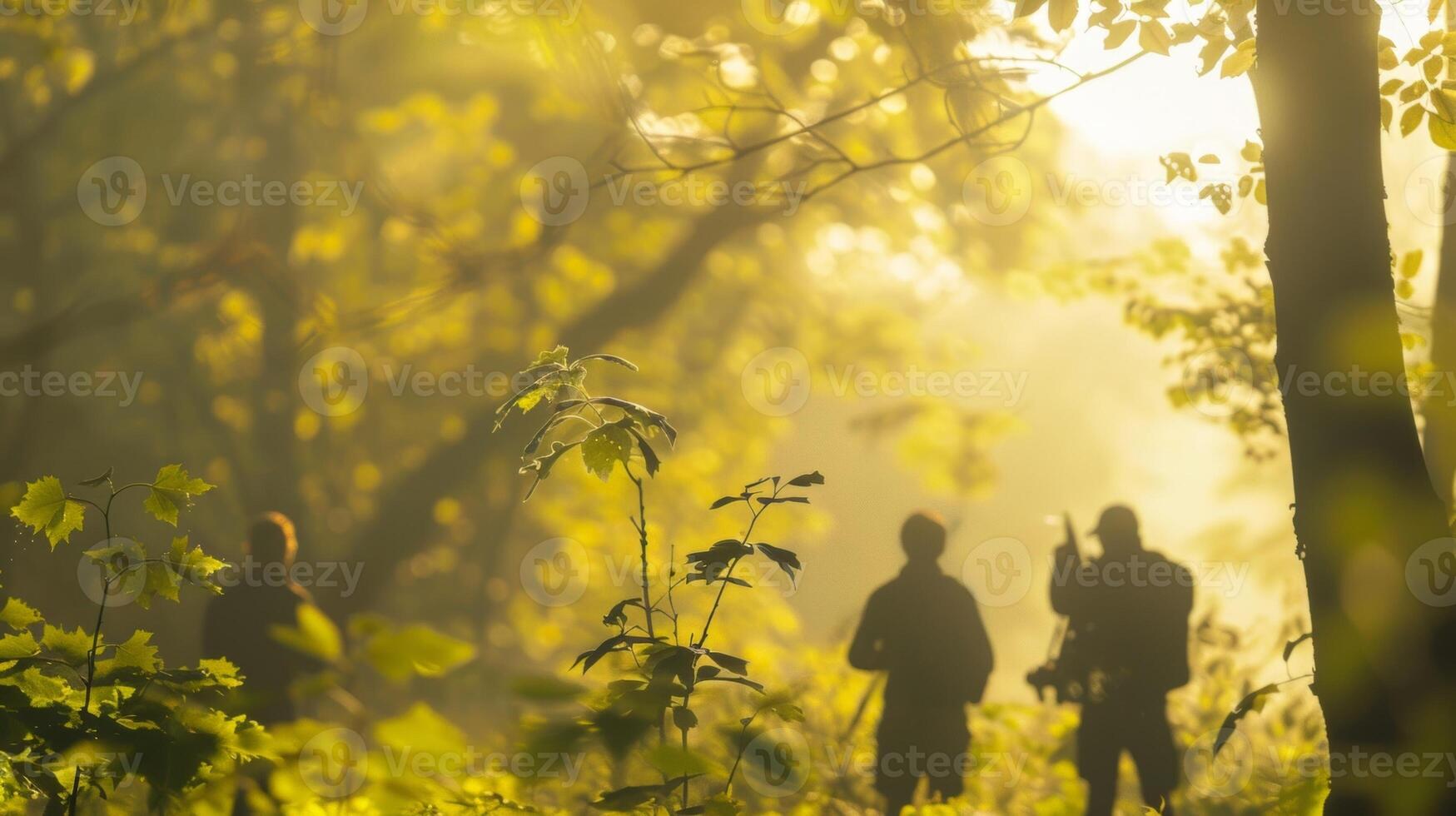 Hazy scene of bird watchers surrounded by trees hoping to catch a glimpse of a unique species photo