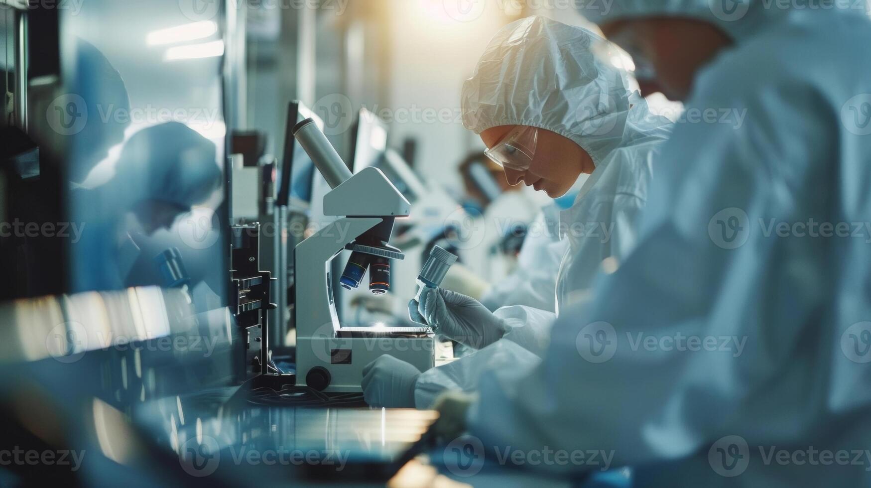 A group of workers in lab coats are inspecting freshly made solar cells under microscopes photo