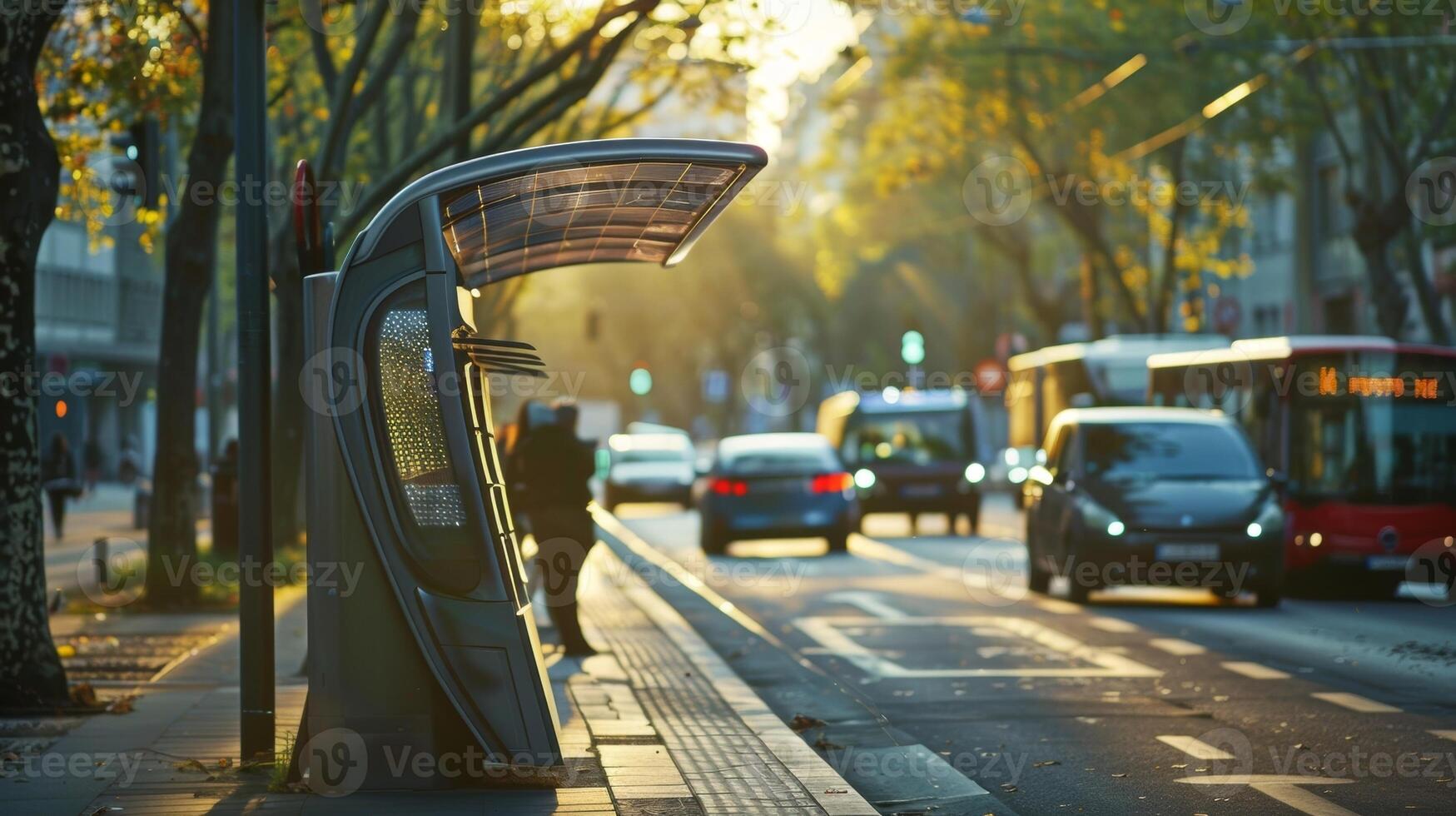 On a busy city street a futuristiclooking bus stop is powered by the sun its solar panels quietly capturing energy and reducing the carbon footprint photo