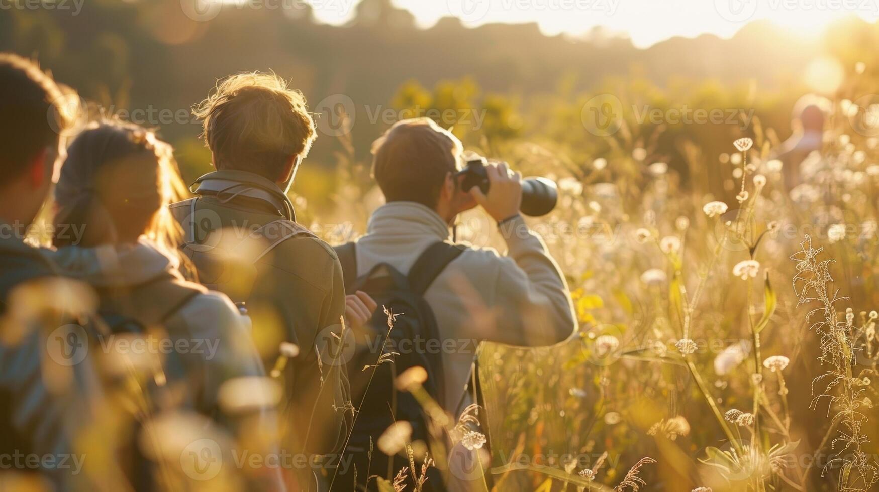Defocused group of nature lovers huddled together binoculars in hand in the midst of a beautiful meadow photo