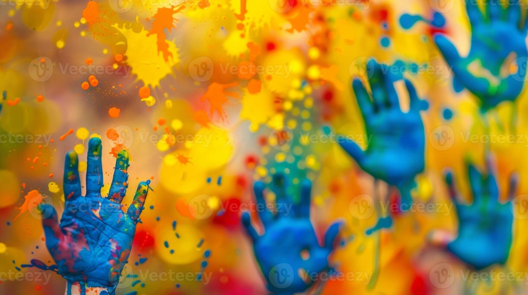 A vibrant blur of handprints on a makeshift mural created by the little ones photo