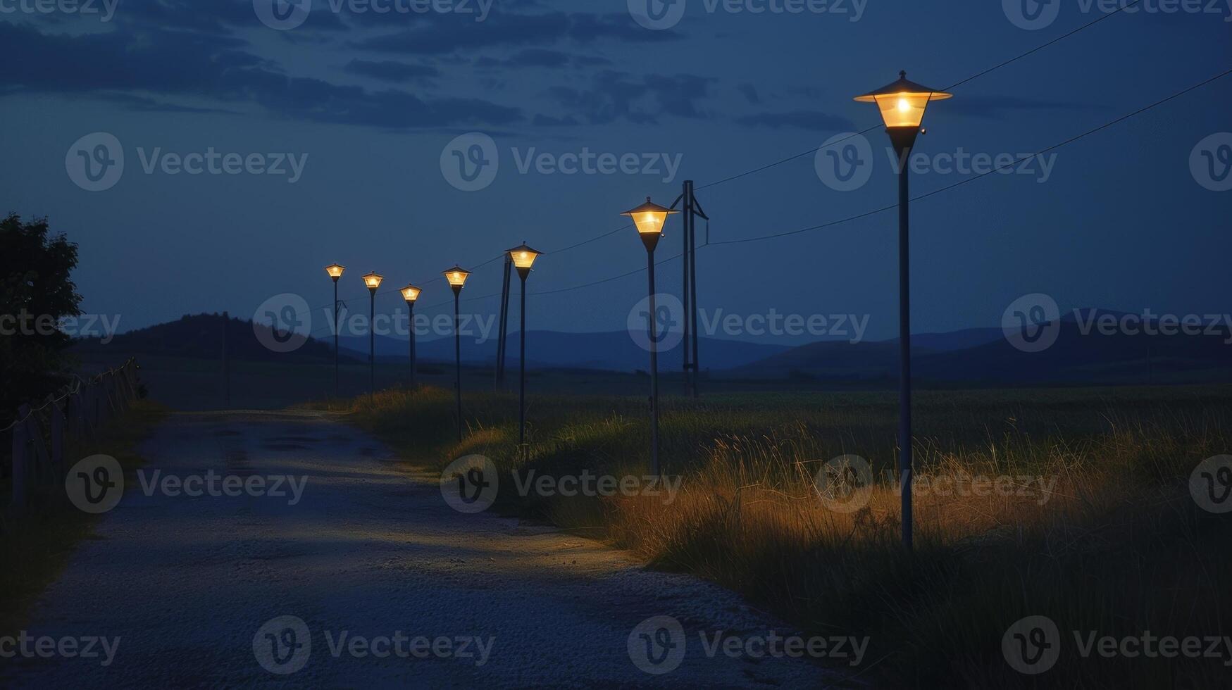 A row of solarpowered streetlights lining a rural road lighting up the night with their stored solar energy photo
