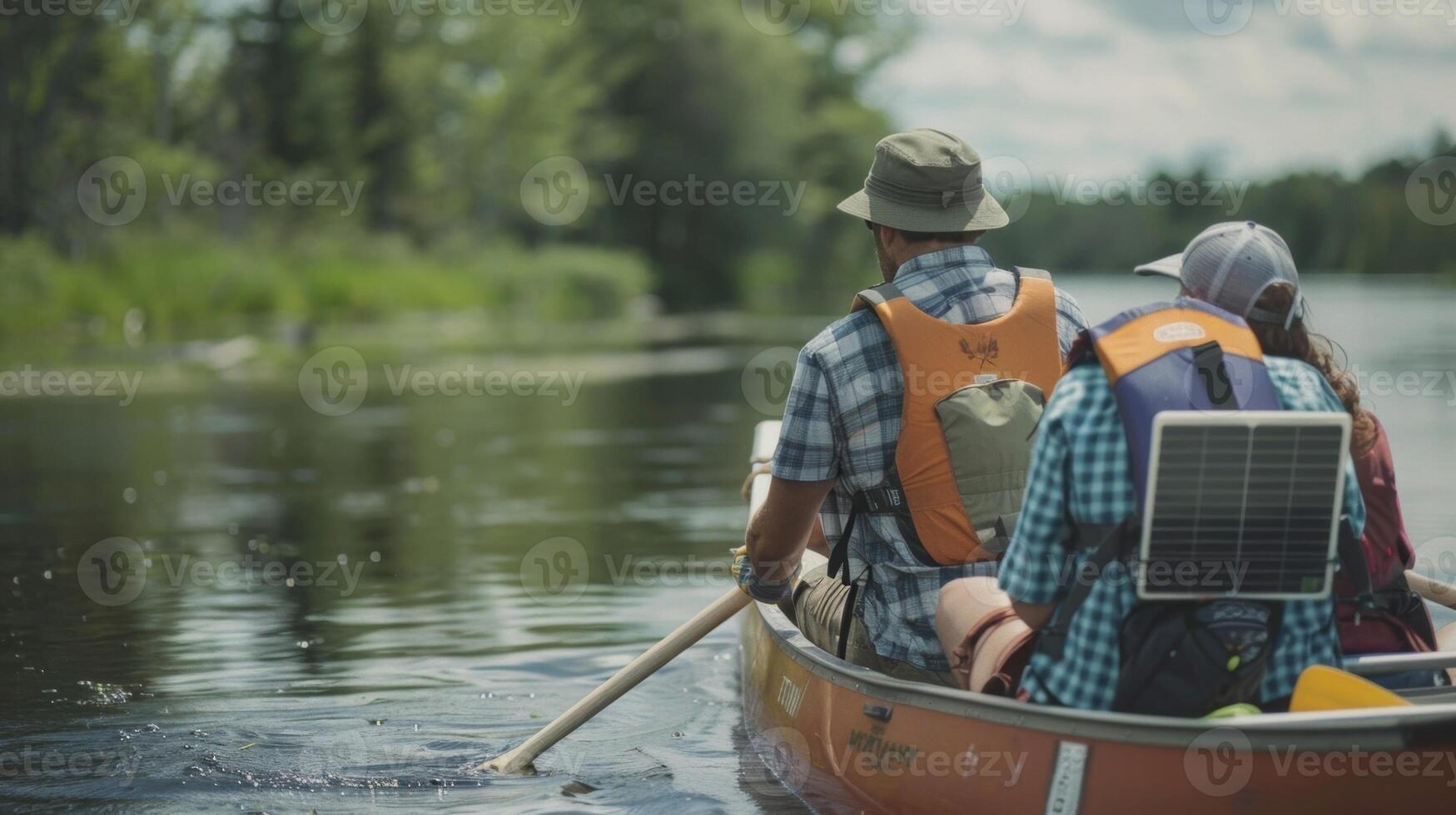 A couple sets off on a multiday canoe trip with a solar panel attached to the back of their boat to charge their devices as they paddle along photo