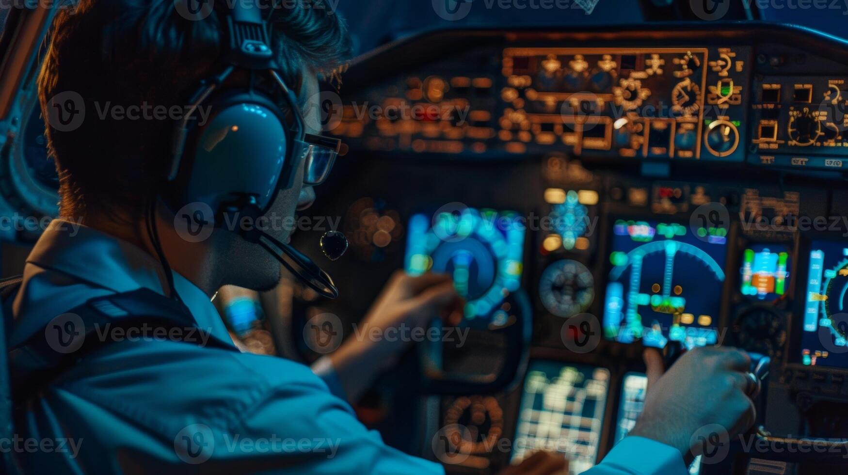 Inside the pit a pilot controls the planes flight while monitoring the solar energy levels on a screen photo