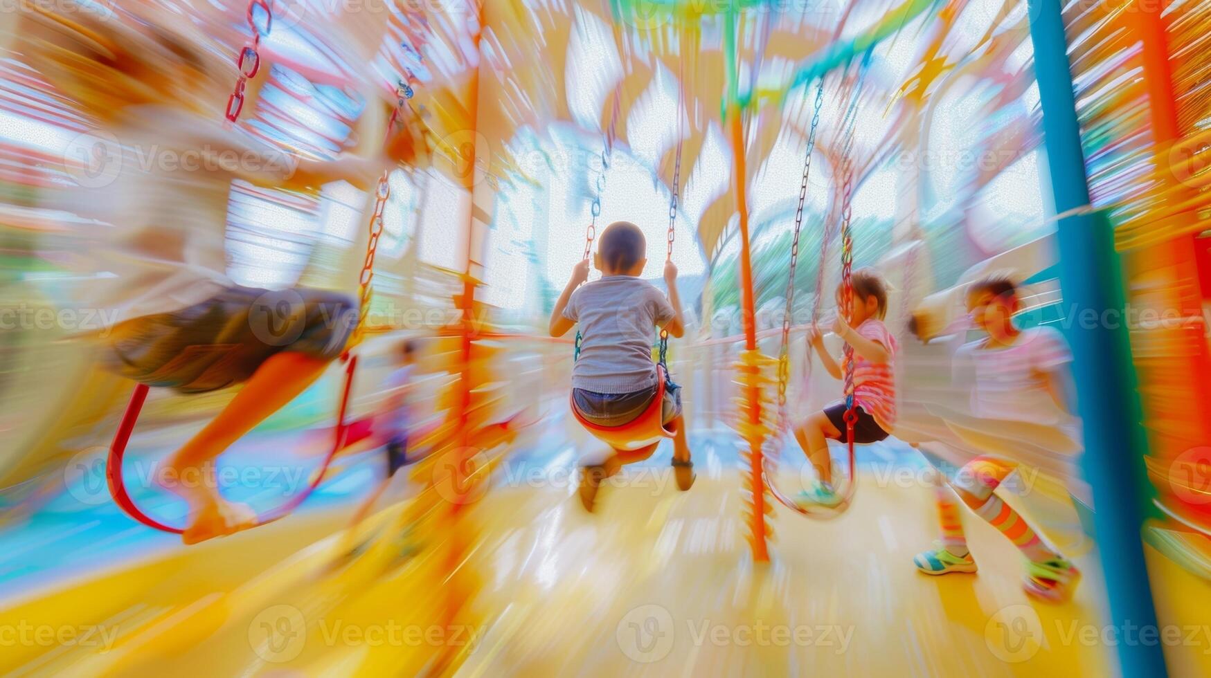 Swirling colors and motion as children climb swing and crawl in the indoor playground photo