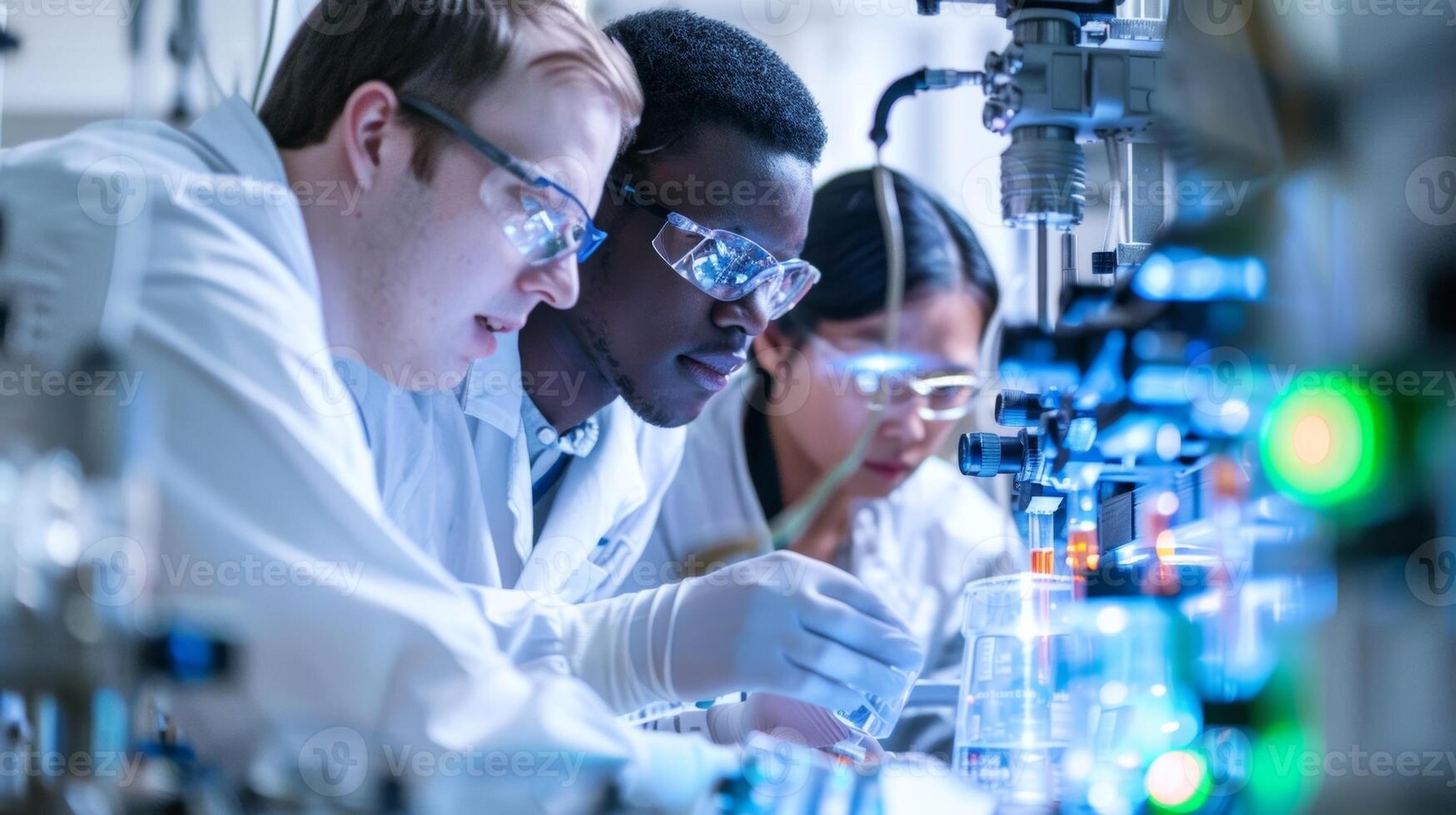 A team of researchers in a brightly lit lab working together to test and optimize a new solar energy storage technology photo