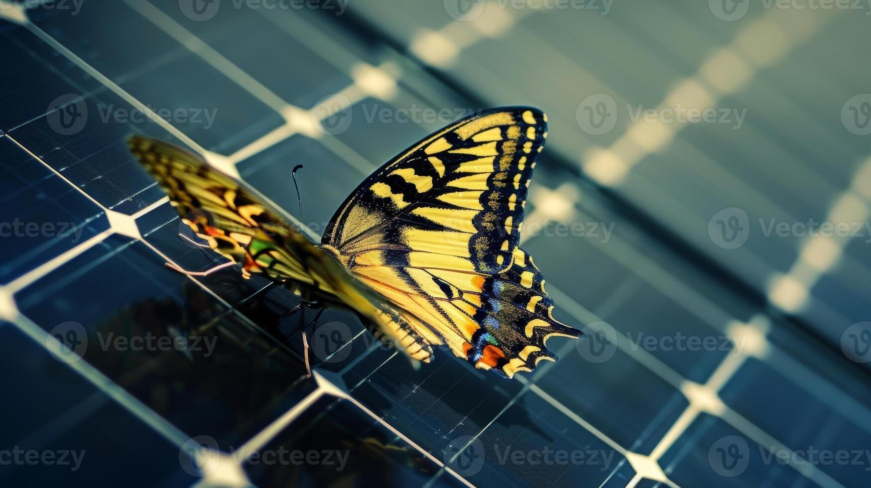 A butterfly perches on a solar panel its vibrant colors contrasting against the sleek black surface photo