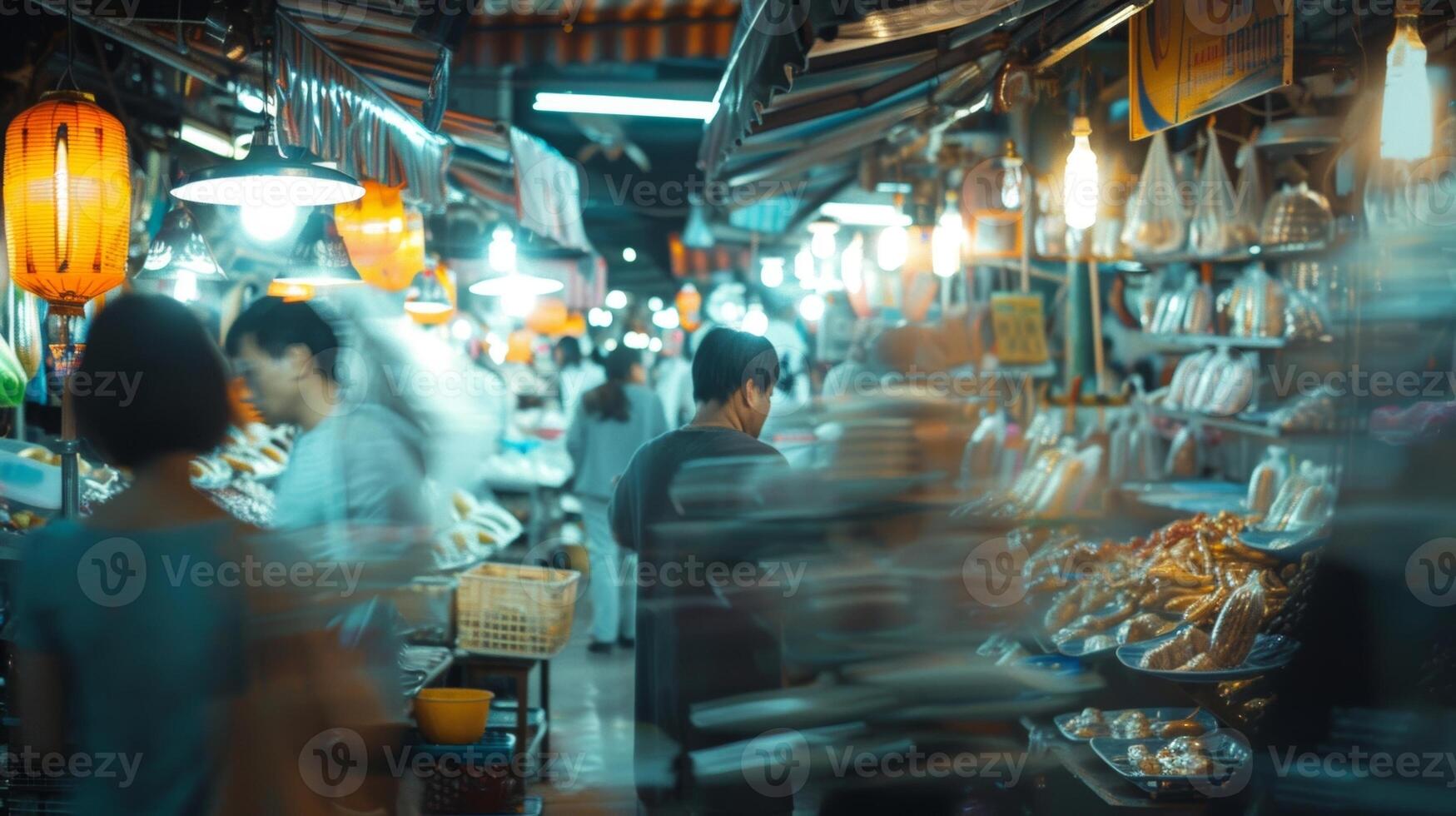 Muffled sounds of vendors enthusiastically engaging with customers in an indoor market photo