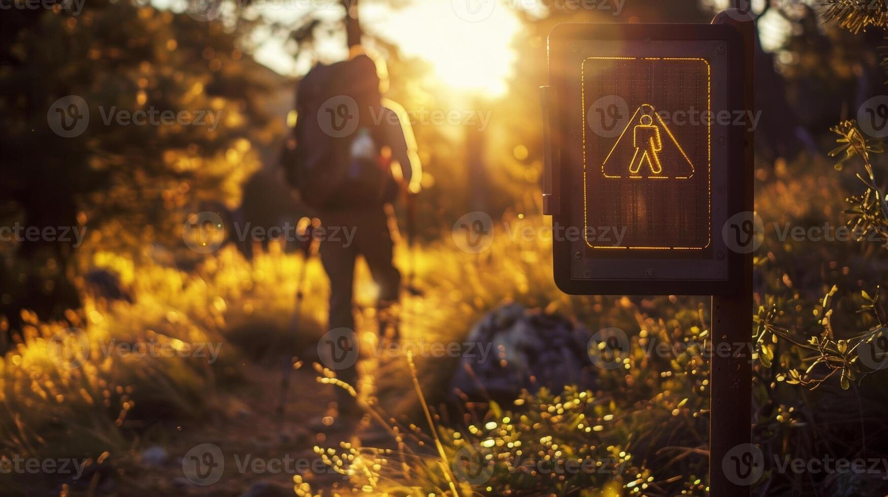 A small but powerful solarpowered sign directing hikers to a nearby trailhead photo
