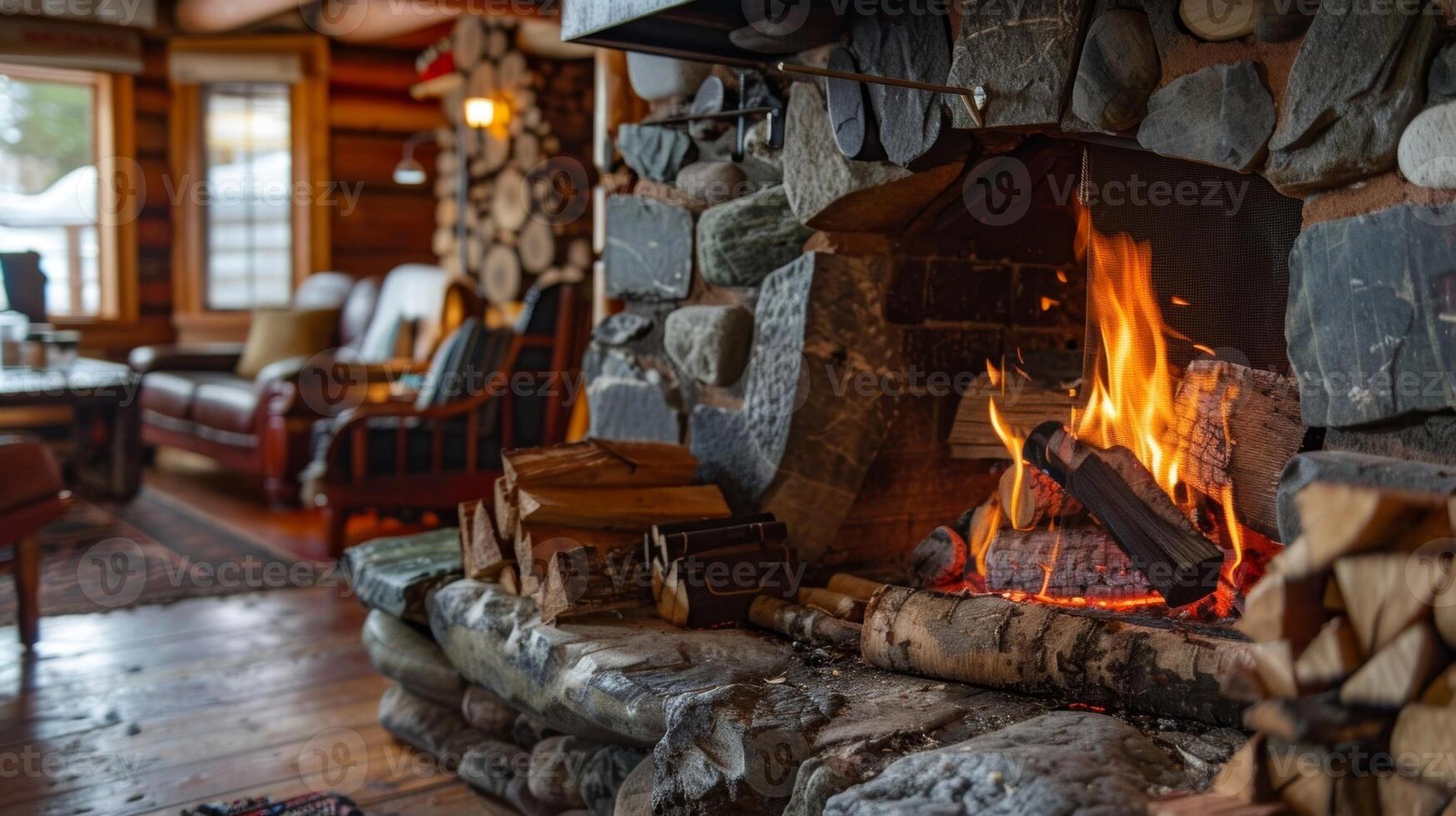 A warm and inviting fireplace inside the cabin using sustainable firewood gathered from the surrounding area for heating photo