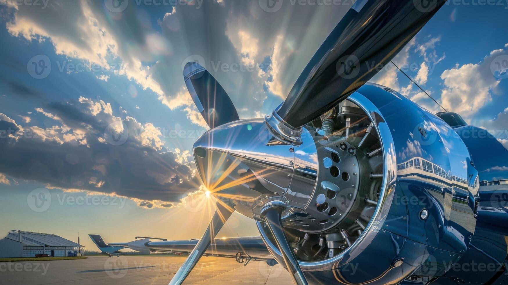 The suns rays gleaming off the reflective surfaces of the solar panels powering the planes propellers photo