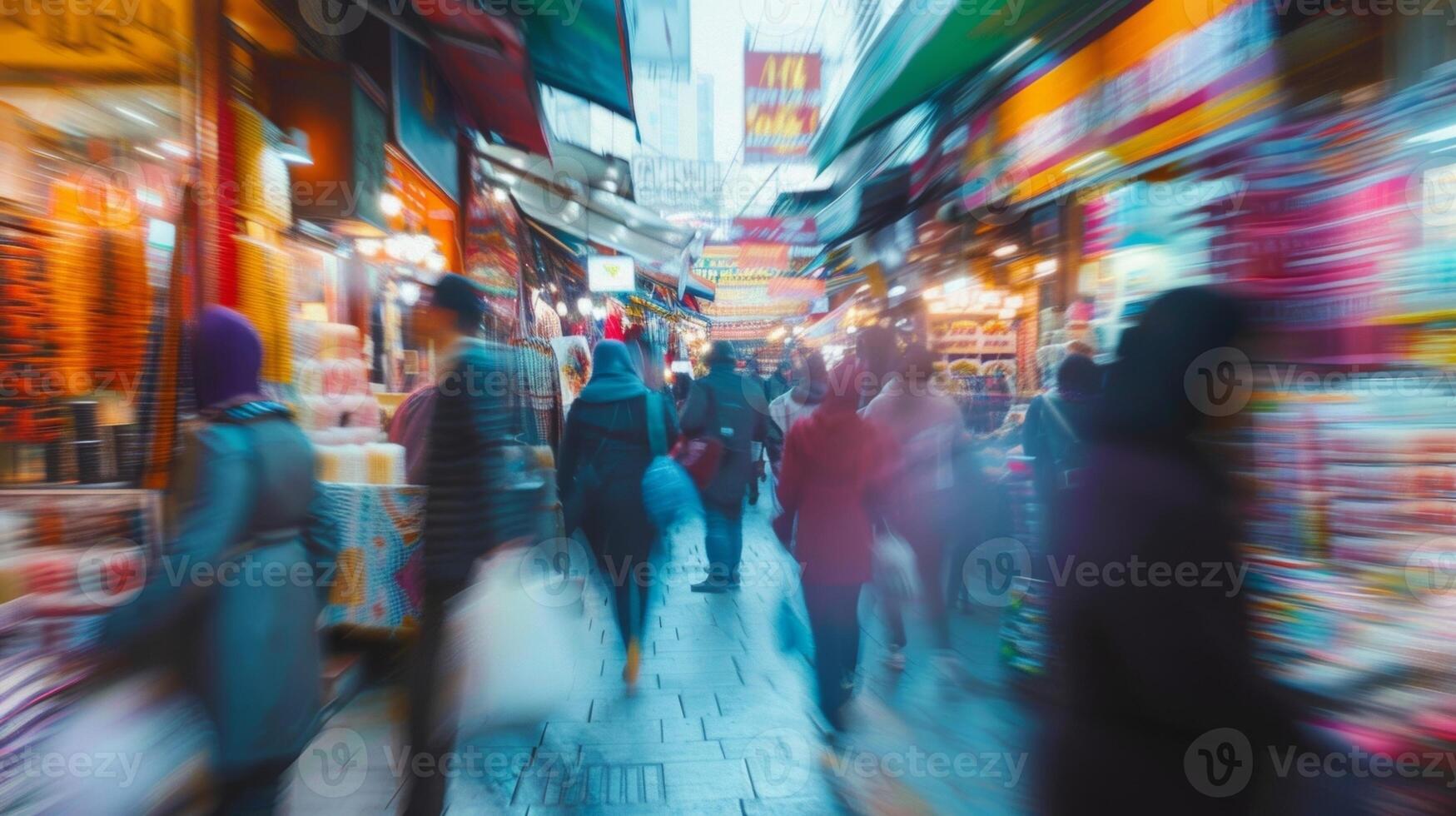 Blur of colors and movement as people weave through vendors and stalls at a lively urban market photo