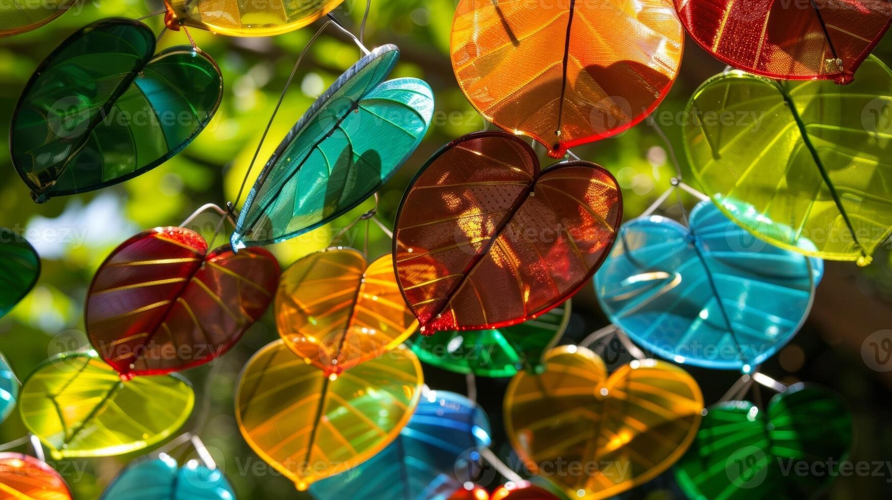 A playful arrangement of oversized brightly colored solarpaneled leaves providing shade while generating energy photo