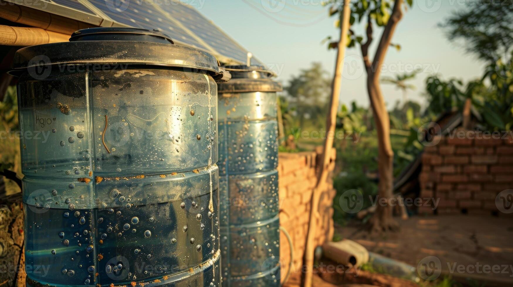 Solarpowered water purification systems being used to provide clean drinking water in a remote disasterstricken village photo