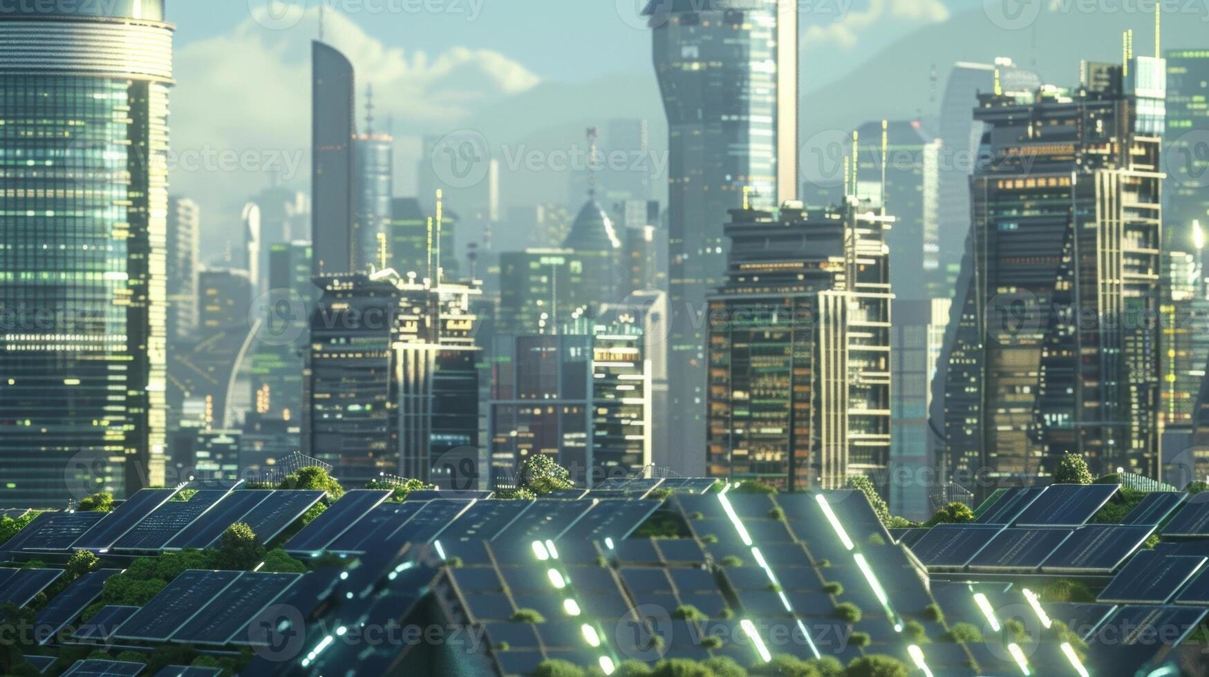 A futuristic city skyline with solar panels integrated into buildings and battery storage systems tered throughout photo