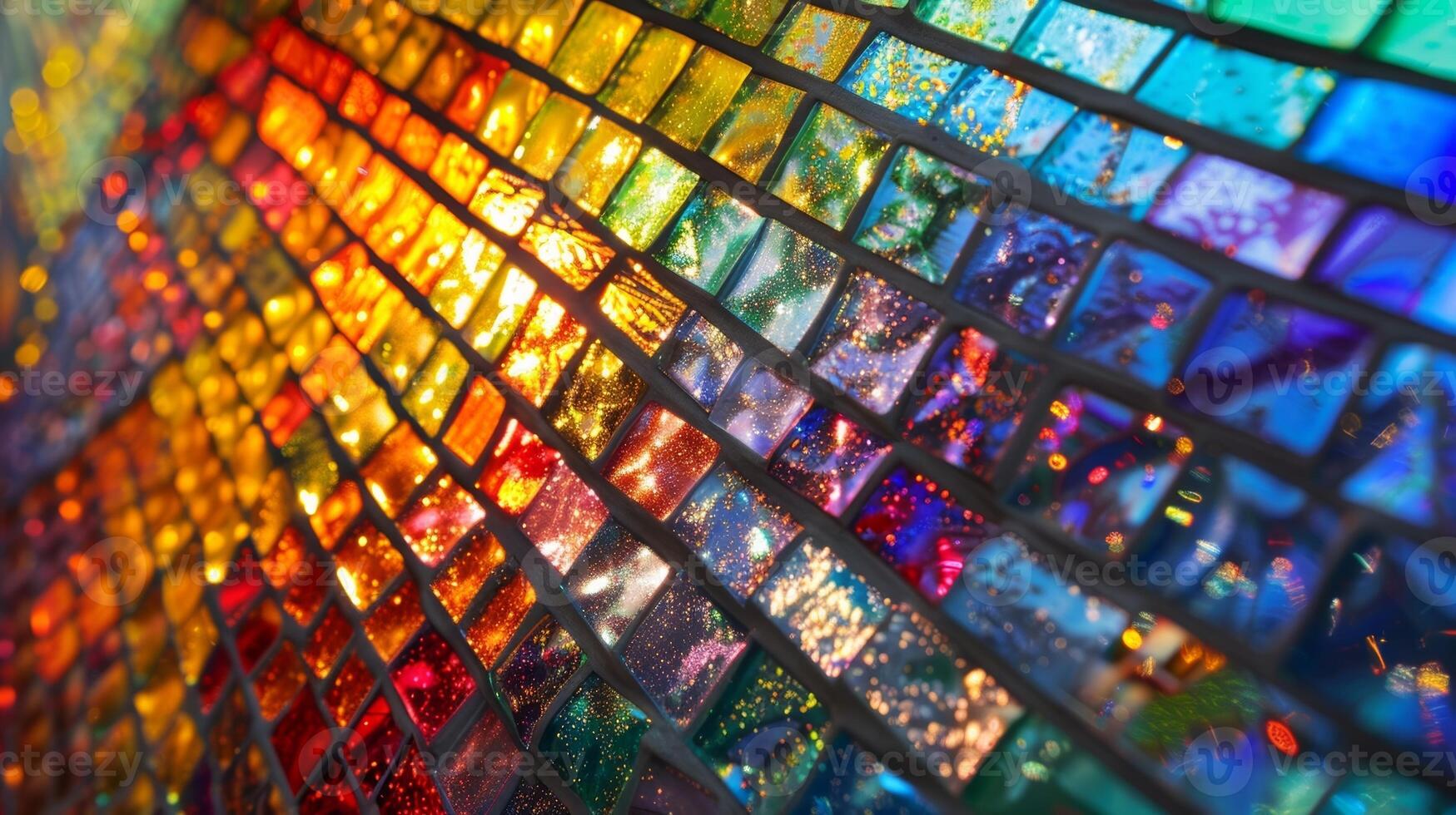 An intricate stained glass window made entirely of small solar panels illuminating a room with a rainbow of natural light patterns photo