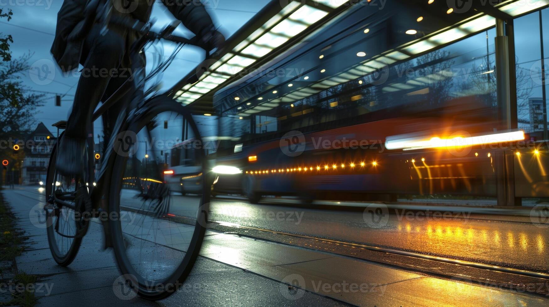 A cyclist riding by the solarpowered bus stop using the energyefficient LED lights for navigation photo