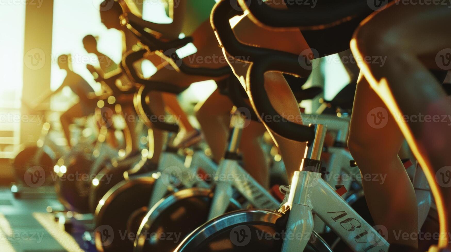 A group of people doing aerobic exercises on stationary bikes the energy generated from the solar panels powering the gyms lights and fans photo