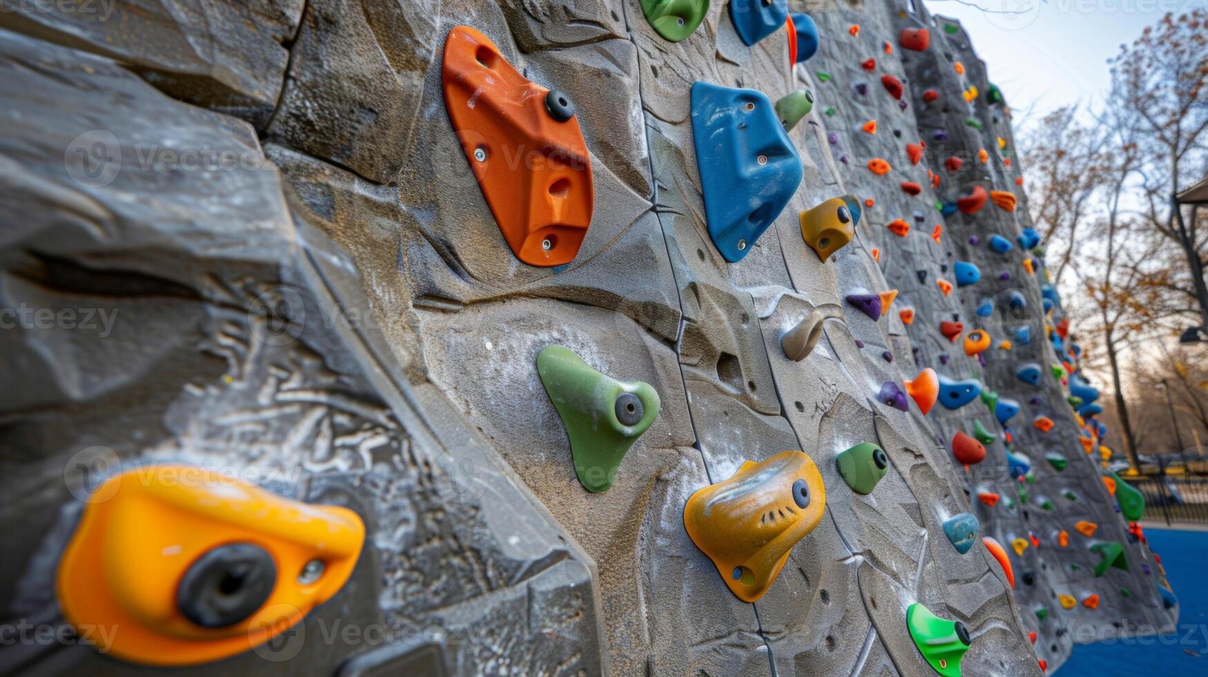 A rock climbing wall with strategically p solar panels harnessing the suns energy to power the playground lights and electronic games photo