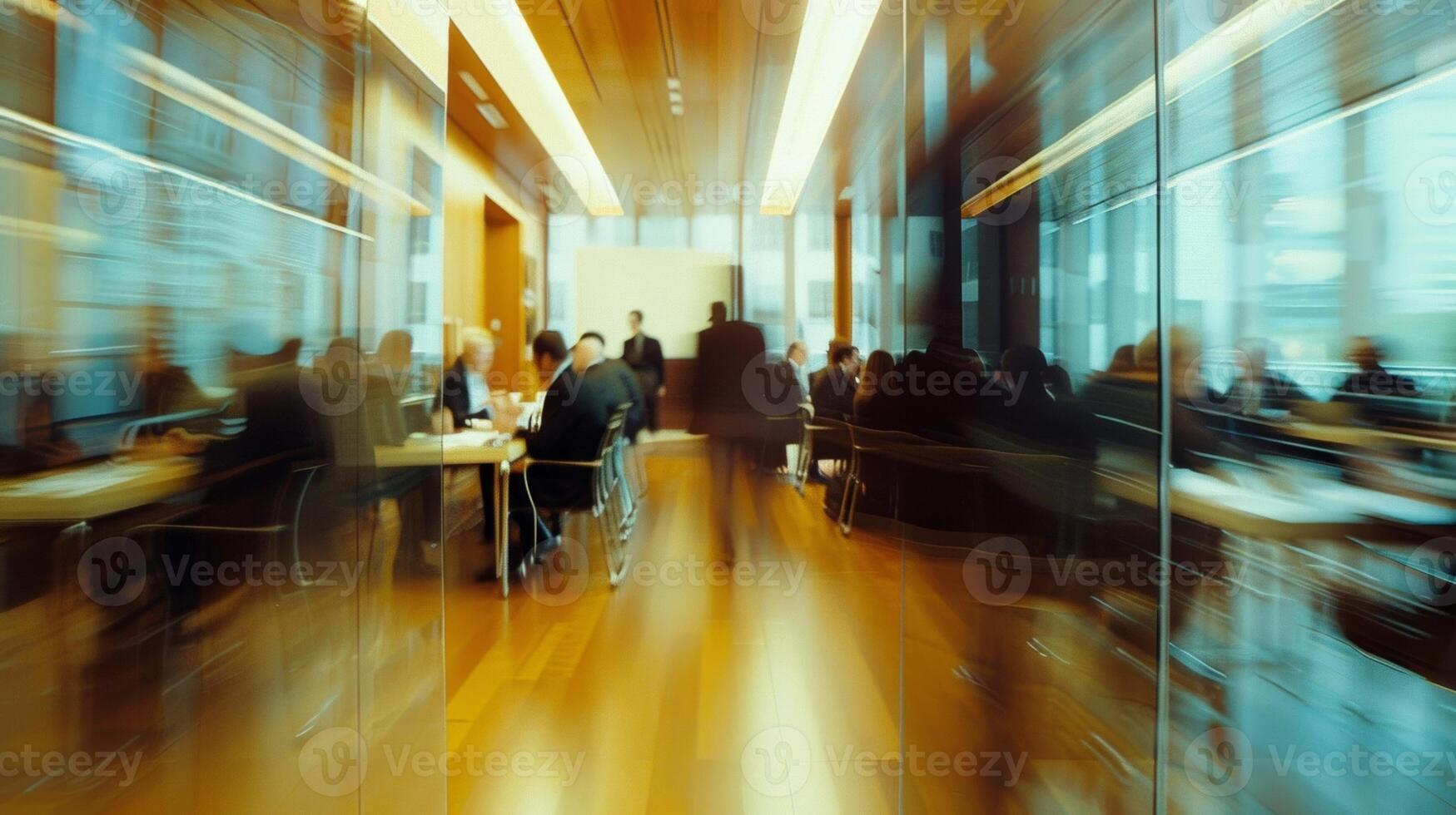 The conference room is a blur of productive activity with professionals in motion photo